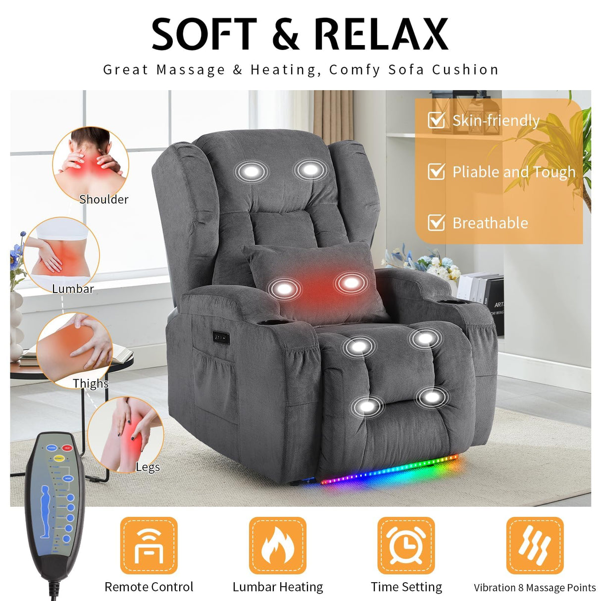 BINGTOO Electric Power Recliner Chair with Massage & Heat - Ergonomic Wingback Lounge Sofa Chair for Living Room, Home Theater Seating & RV with LED Light/Cup Holders/USB Ports, Grey BINGTOO