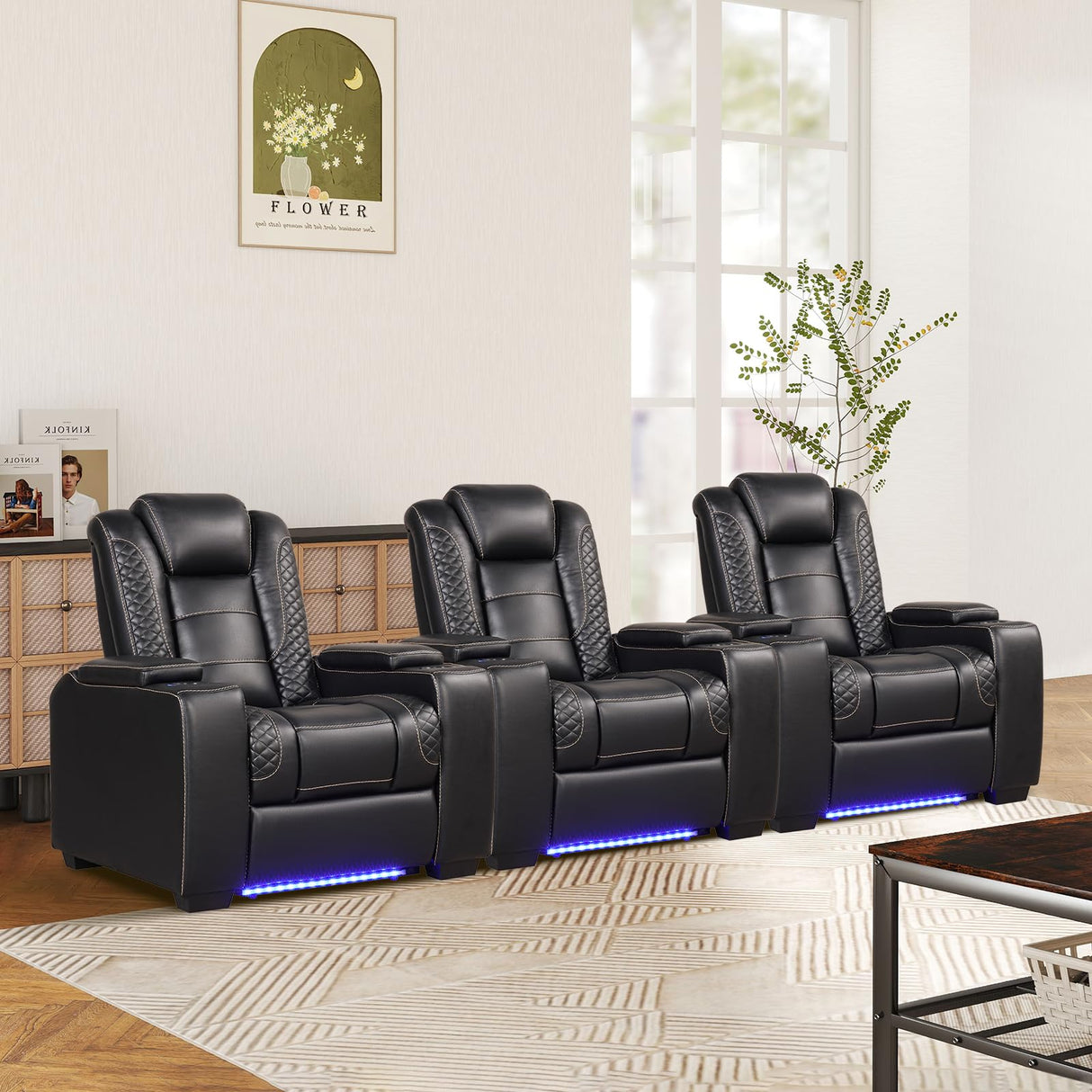 ANJ Power Theater Recliners Set of 3, Electric Home Theater Seating, Black Faux Leather Recliner with Adjustable Headrest, Movie Recliner Theater Chairs with LED,USB, Cup Holders, Hidden Arm Storage ANJ