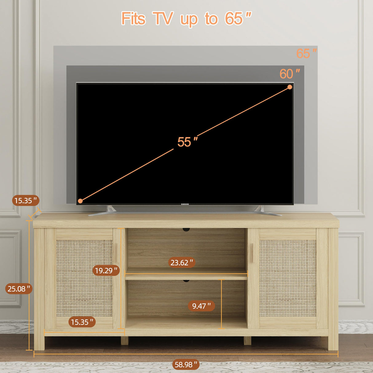 TV Stand for 65 inch TV, Modern Mid Century Entertainment Center with Storage, Media Consol with Natural wood rattan Door Cabinets and Open Shelves, Wooden, for Living Room, Bedroom, MLTV21YR MMEOLUOOK