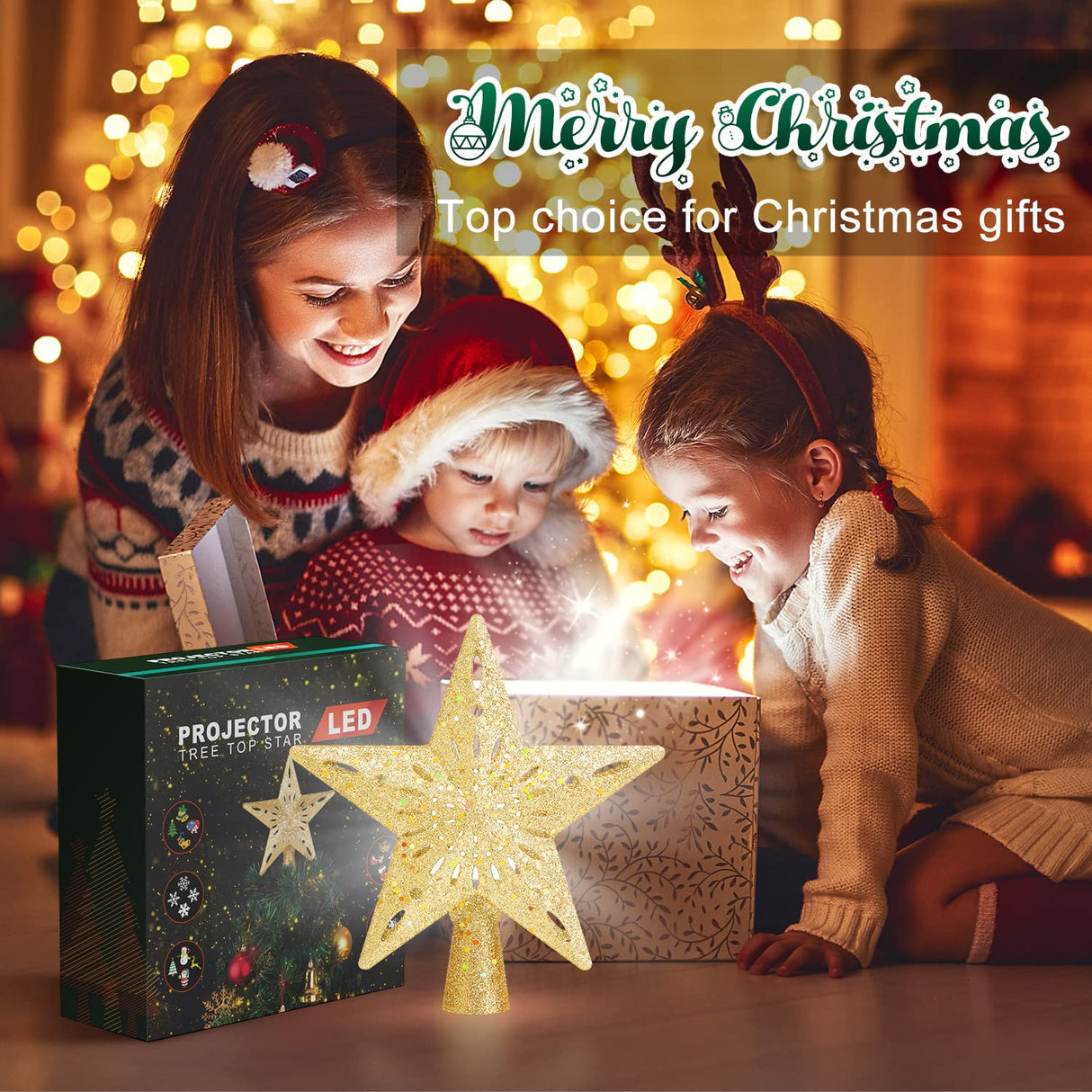 Kesfitt Christmas Tree Topper Golden Lighted with 6 Projection Modes,Christmas Tree Star Built-in LED Rotating Lights, 3D Glitter Dynamic Projection for Xmas Party Holiday Decorations Kesfitt