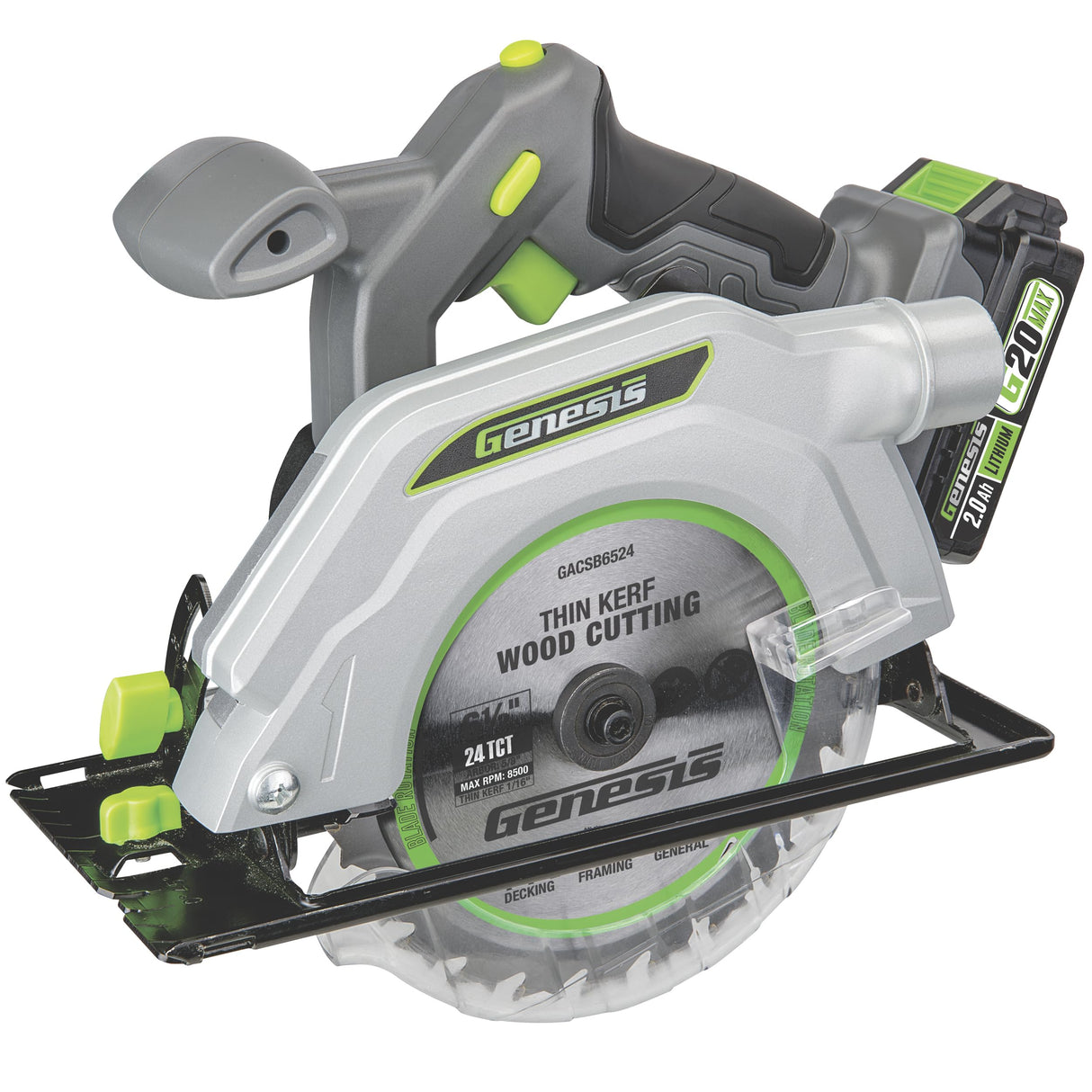 Genesis G20MAX 20V Cordless Circular Saw 6-1/2 inch with Laser & LED Light, Includes 24TCT thin-kerf blade, 2.0Ah Battery and Charger, 2 Year Warranty (GLCS2065B) Genesis
