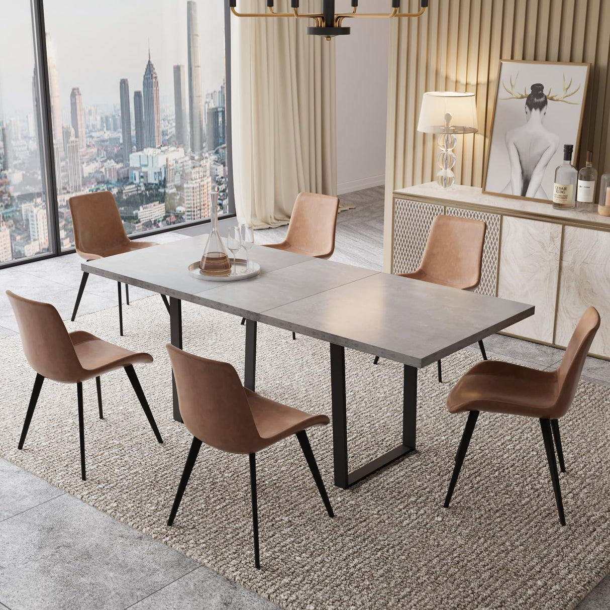 ZckyCine Modern Mid-Century Dining Table Set for 6-8 People Kitchen Dining Room Table Set Extendable Wood Dining Table and 6 Upholstered Chairs, Home Kitchen Furniture ZckyCine