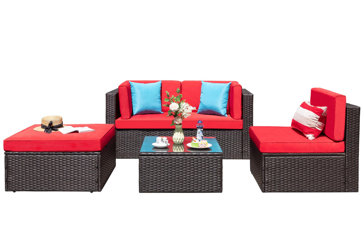 Vongrasig 5 Pieces Small Patio Furniture Sets, All-Weather Outdoor Sectional Patio Sofa Wicker Rattan Patio Seating Sofas with Cushion and Glass Table (Red) Vongrasig