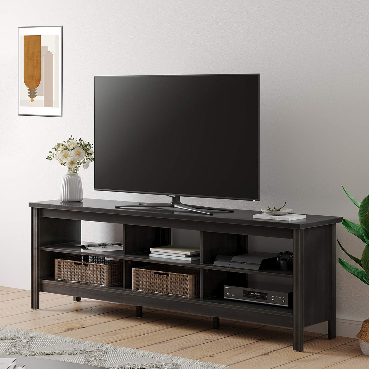 FITUEYES Farmhouse TV Stand for TVs up to 75 Inches, Black Entertainment Center for 80 inch TV Console Table with 6 Cubby Storage for Living Room Bedroom, 70'' FITUEYES
