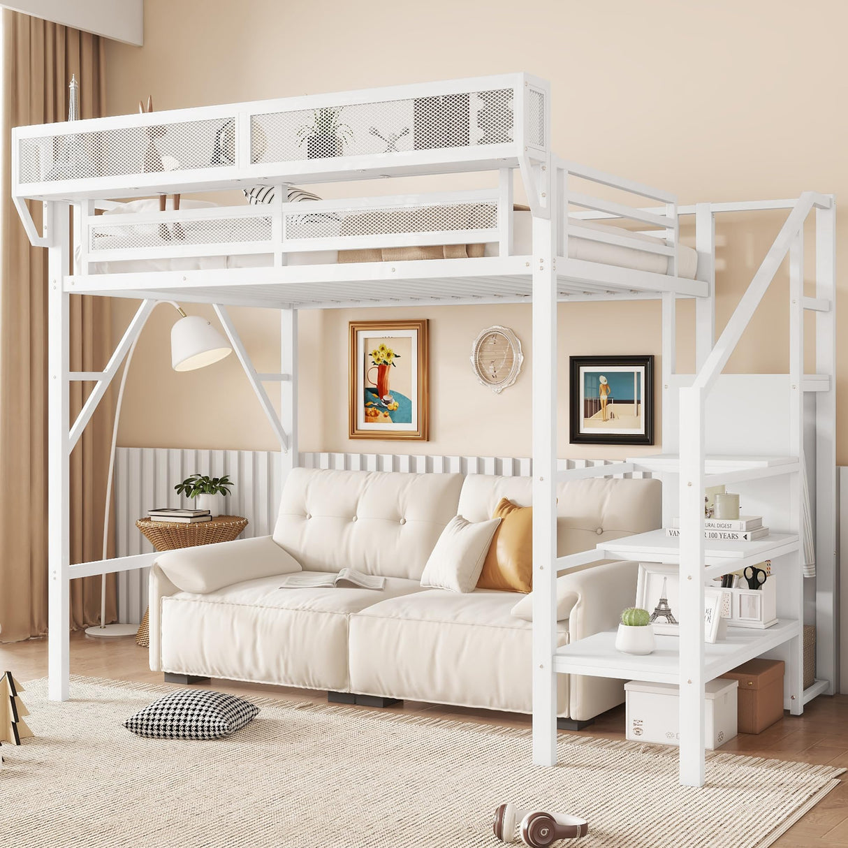 Mirightone Twin Size Loft Bed with Stairs and Storage, Metal Loft Bed Frame with A Shelf and Large Under-Bed Space, Heavy-Duty Loft Beds for Kids Boys Girls Teens, White Mirightone