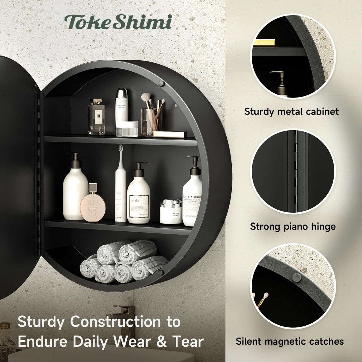 TokeShimi 20 Inch Round Black Medicine Cabinet for Bathroom with Vanity Mirror Small Metal Framed Bathroom Mirrored Cabinet for Wall Mounted Only Circle Farmhouse Medicine Cabinet Removable Shelves TokeShimi