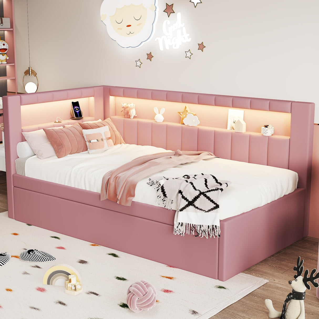 DaiNNCN Twin Size Daybed with Trundle Built-in USB Ports and LED,L-Shaped Day Bed Frame with Storage Shelves,Corner Unit Sleeper Sofa Bed for Girls,Kids,Adults-Pink DaiNNCN