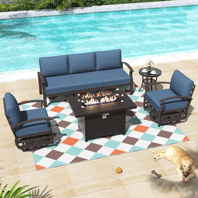 ALAULM Aluminum Patio Furniture Set with Propane Fire Pit Table 5-seat Metal Outdoor Furniture w/Fire Pit Patio Sectional Sofas w/5.3" Cushions for Patio, Backyard, Poolside-Dark Blue