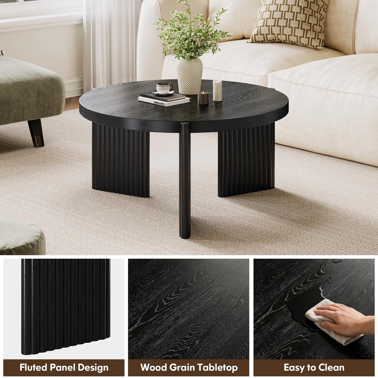 Luoxiao Black Round Coffee Table 27.5" Center Table for Living Room, Mid Century Modern Fluted Circle Table for Apartments, Small Homes, Wooden Coffee Tables with Quilted Footpads, Easy Assembly Luoxiao