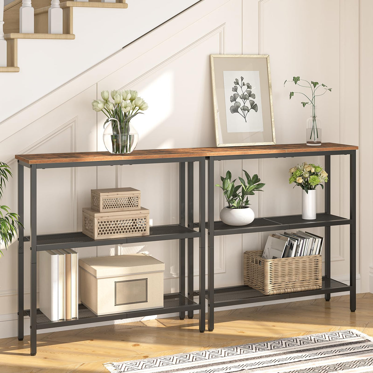 HOOBRO 29.5" Narrow Console Table, 3-Tier Entryway Table, Thin Sofa Table with Shelves, Side Table, Display Table, for Hallway, Entrance, Living Room, Bedroom, Rustic Brown and Black BF73XG01 HOOBRO
