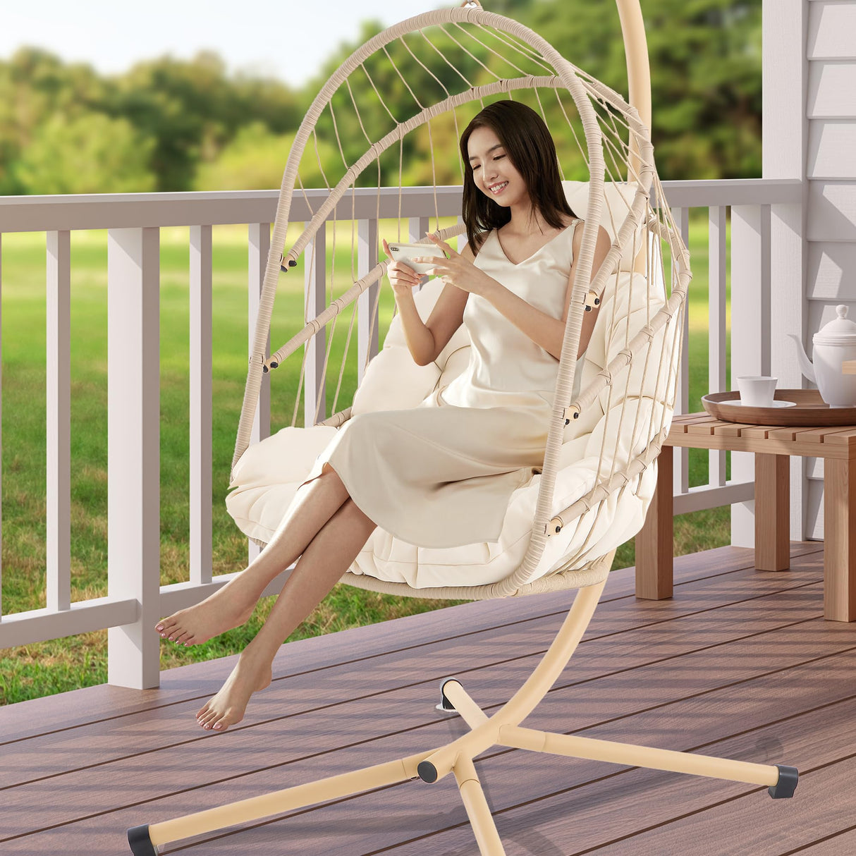 Swing Egg Chair with Stand Foldable Hanging Egg Chair Indoor Outdoor Wicker Rattan Basket with UV Resistant Cushions for Bedroom Balcony Backyard 350lbs Capacity (Beige) WoodArtSupply