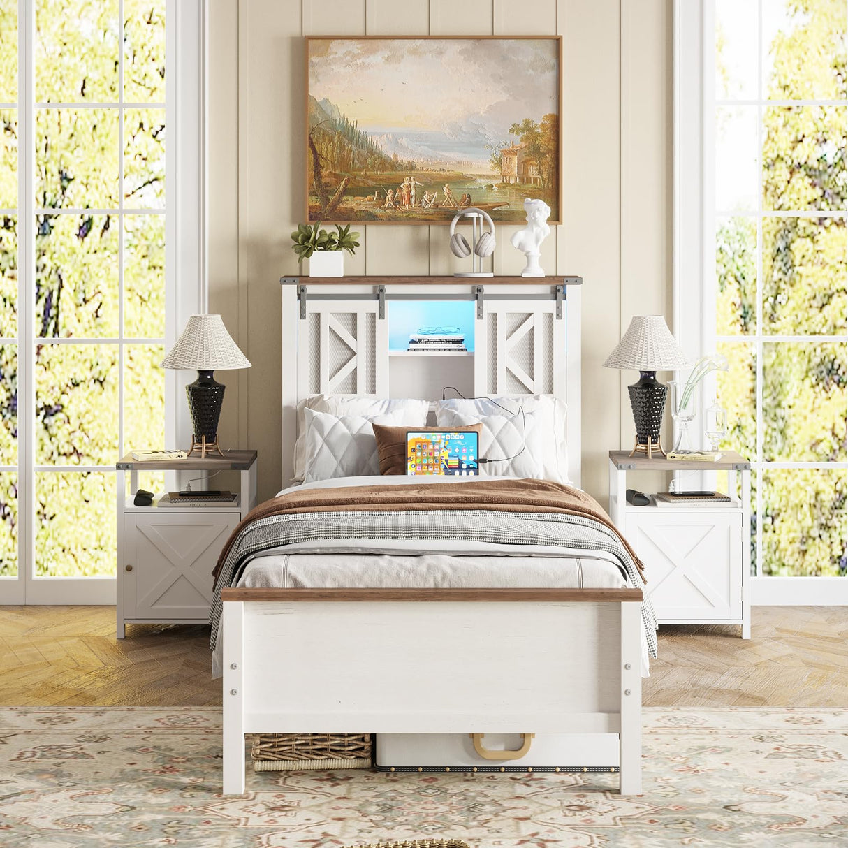 Fameill Farmhouse Twin Size Bed Frame with Storage Headboard, Sliding Barn Door Design, 2-Tier Shelves Bookcase Storage, Charging Ports & USB Outlets, LED Light, No Box Spring Needed, Easy Assembly Fameill