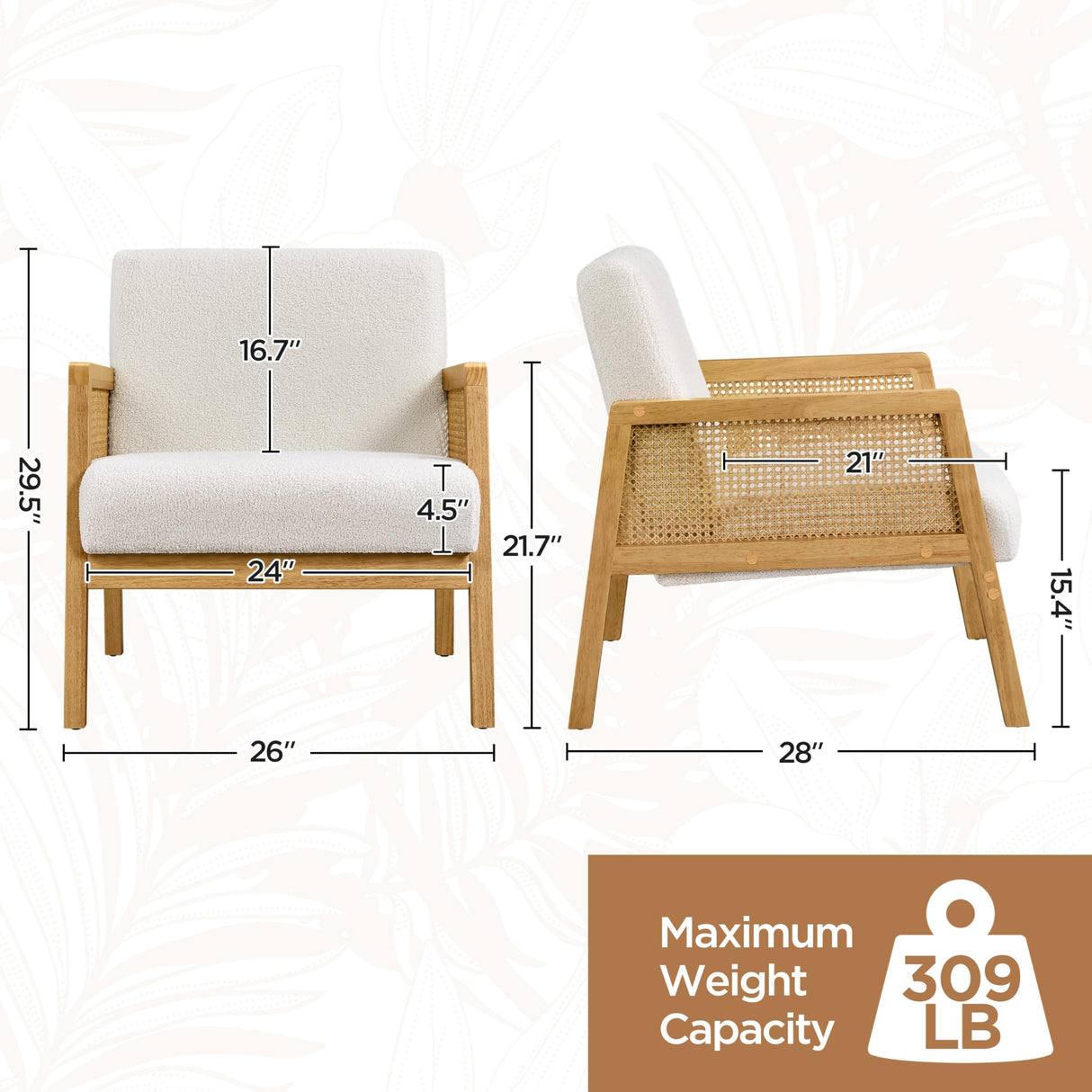 Yaheetech Boucle Fabric Accent Chair, Vintage Rattan Vanity Chair with Wood Armrest and Legs for Living Room Bedroom Makeup Room, Ivory, 2 pcs Yaheetech