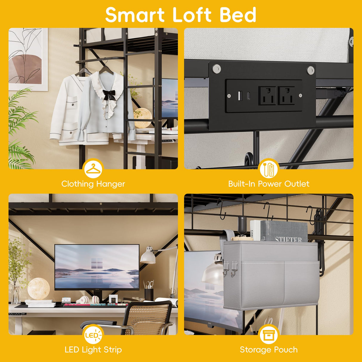 LIPIGE Loft Beds,Loft Bed Twin with Built-in Power Outlet LED Lights,Clothing Hanger Space Saving,Storage Pouch,Heavy Duty Metal Safety Guard Rail for Kids Teens Adults,No Box Spring Needed,Black LIPIGE