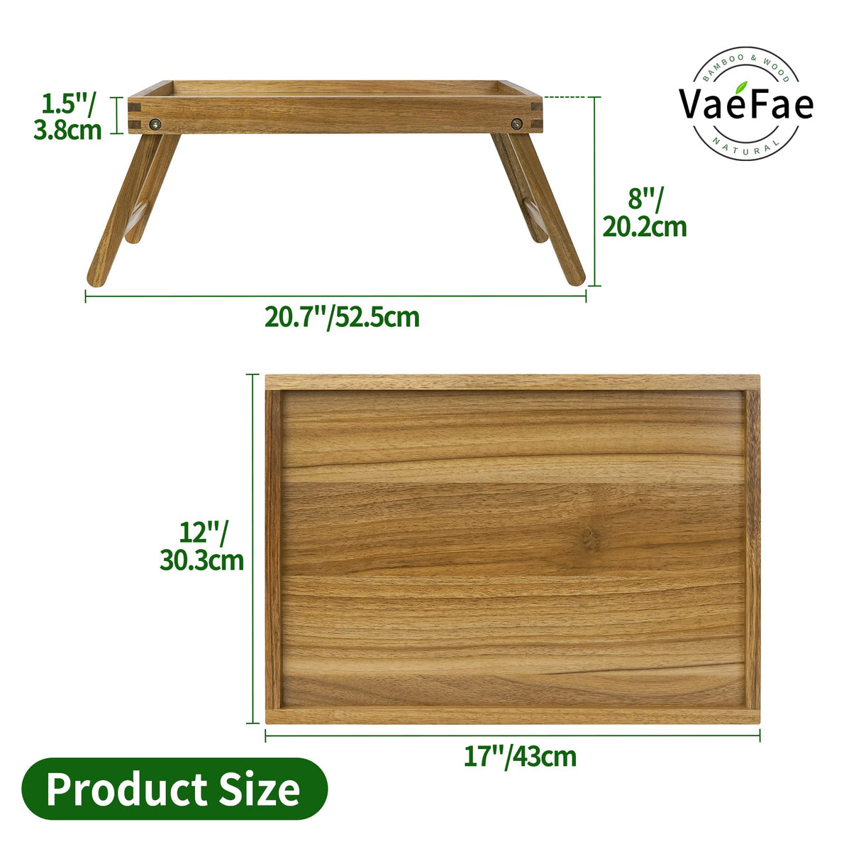 VaeFae Acacia Bed Table Tray, Wooden Breakfast Tray with Folding Legs, Bed Tray for Eating and Laptop, Eating Trays for Bedroom VaeFae