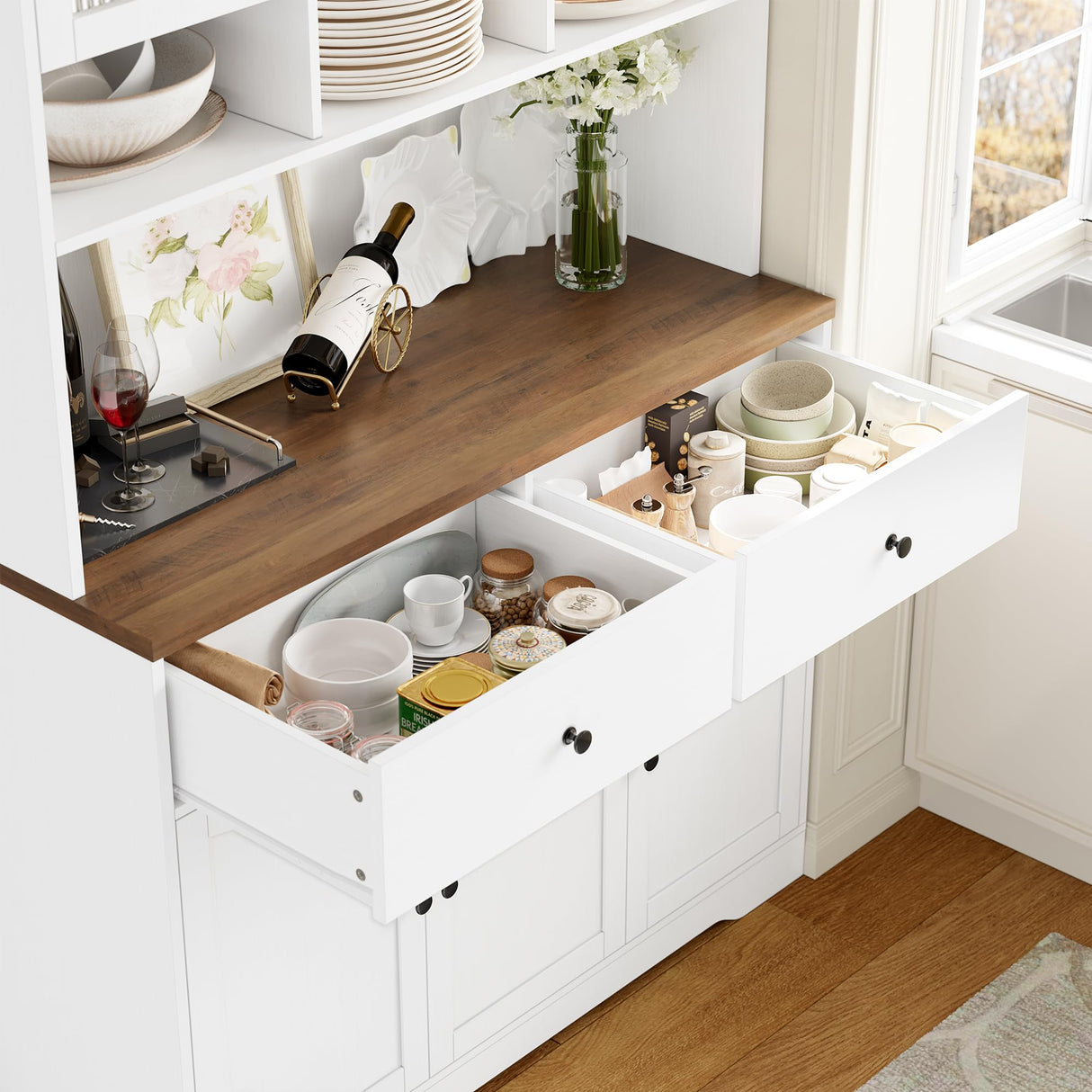 FINETONES 71" Pantry Cabinet, Tall Kitchen Pantry Storage Cabinet with Microwave Stand, Modern Ktichen Hutch Food Pantry with Open Countertop and Adjustable Shelf for Kitchen, Dining Room FINETONES