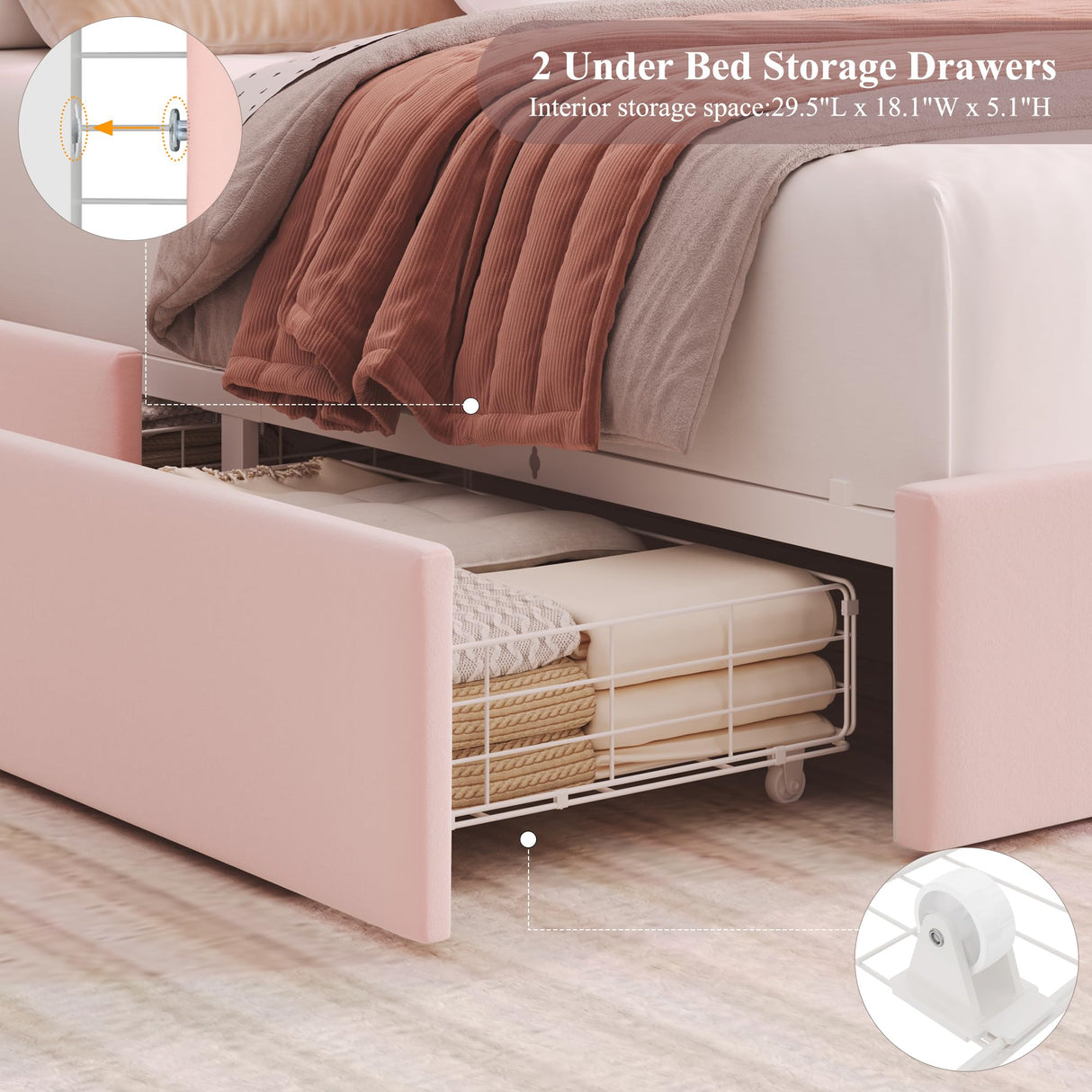 HOSTACK Twin LED Bed Frame with Storage Headboard and Charging Station, Girls Bed Frame with 2 Drawers and USB Ports, Velvet Upholstered Platform Bed Frame with Bookcase, No Box Spring Needed, Pink HOSTACK
