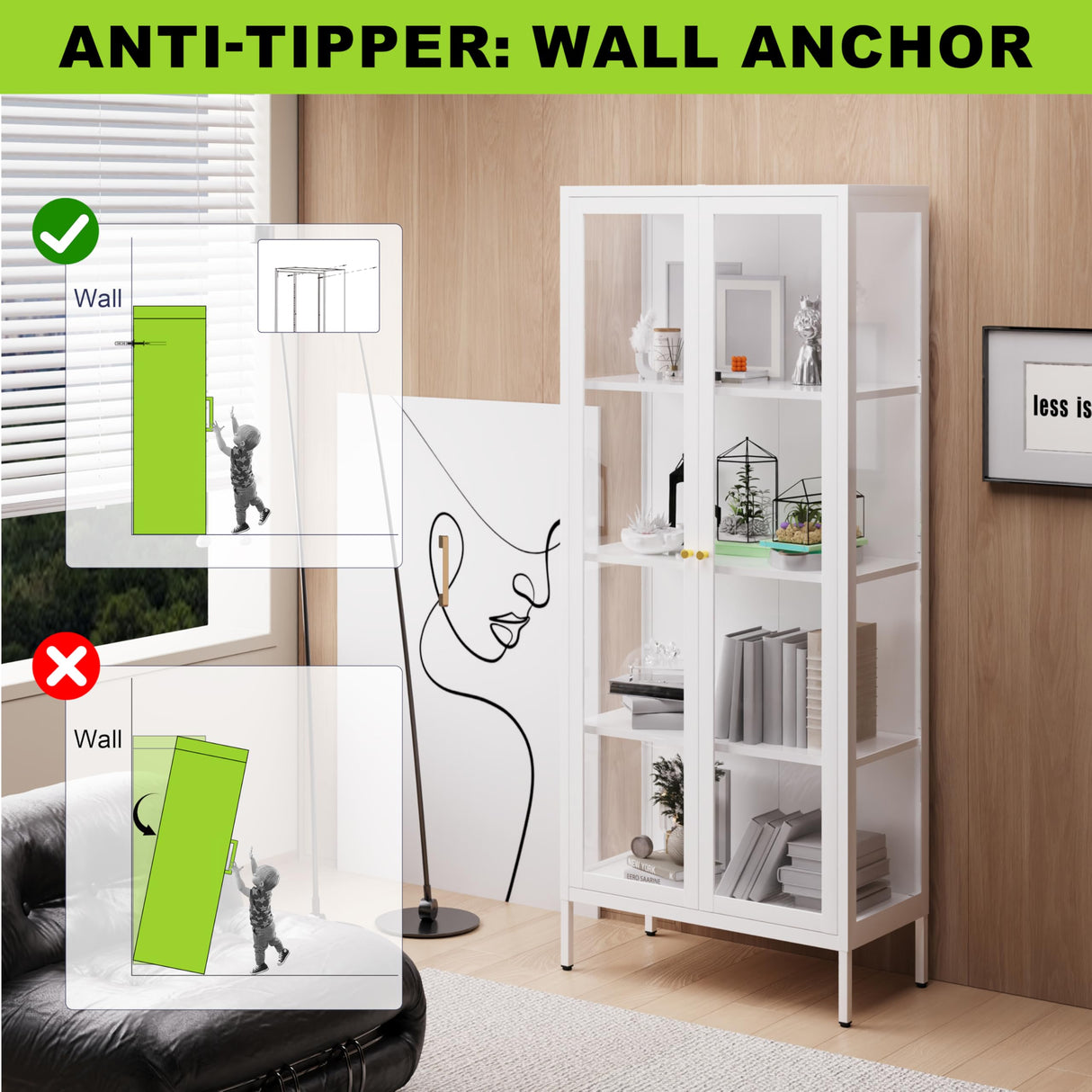 UNICOLY Display Cabinet with Glass Doors, Glass Display Cabinet 4-Tier, Metal Curio Display Cabinet with Tempered Glass Doors for Bedroom, Living Room,Dining Room.White UNICOLY