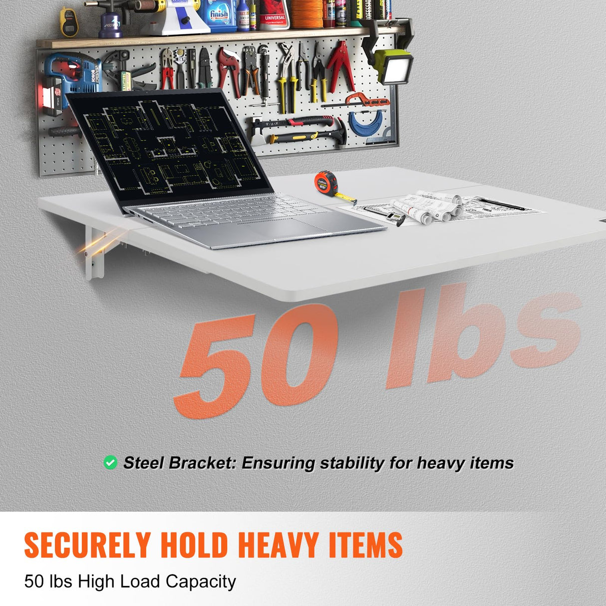 VEVOR Wall Mounted Folding Table, 31.5" x 19.69" Wall Mount Drop Leaf Table, Floating Desk with Iron Bracket, Fold Down Desk for Small Spaces, Home Office, Dining, Laundry Room, Kitchen, Bar, White VEVOR