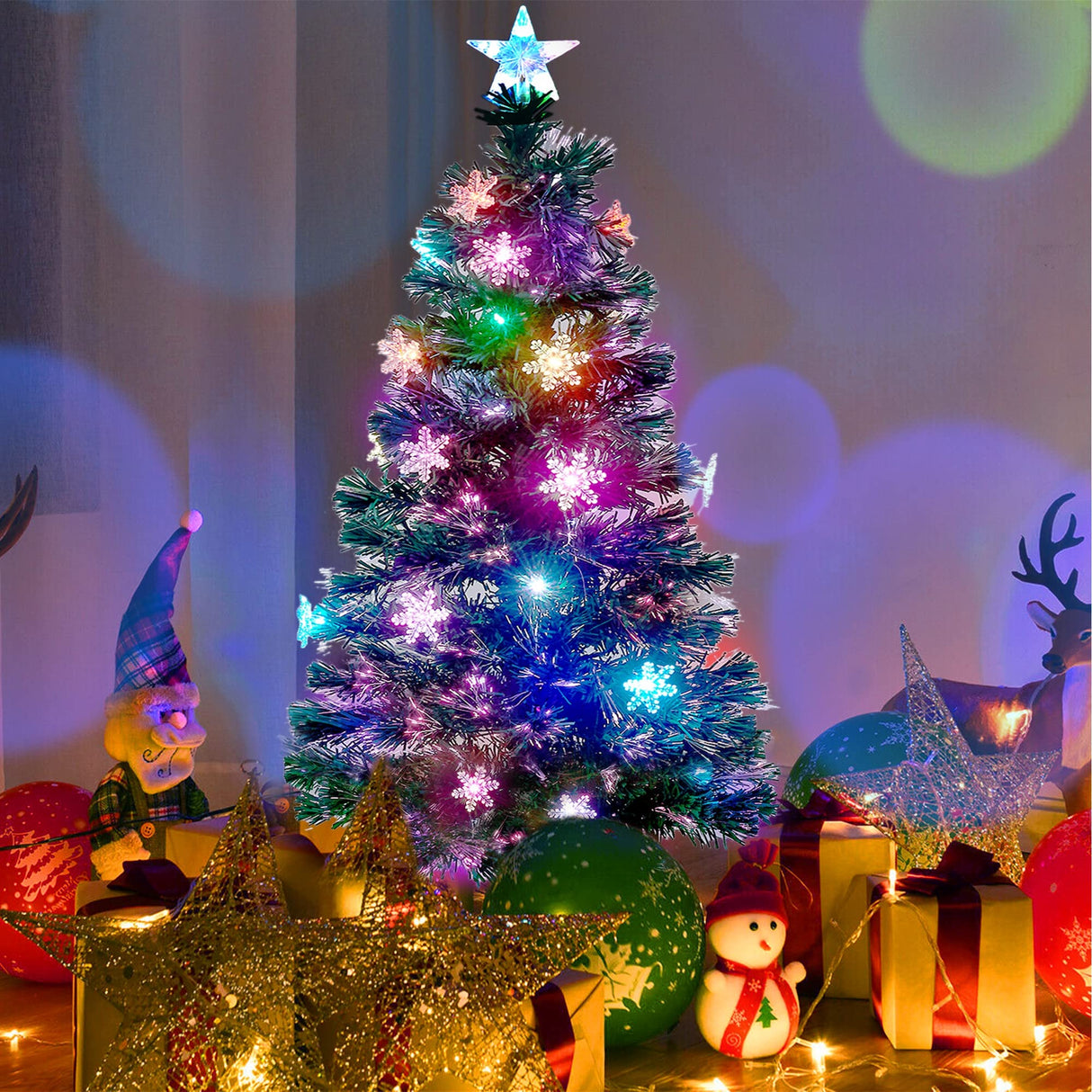 Juegoal 5 ft Pre-Lit Artificial Christmas Tree, Lighted Optical Fiber Xmas Trees with RGB Color Changing LED Lights, Snowflakes & Top Star, Festive Party Holiday Fake Multicolored Tree with Metal Legs Juegoal