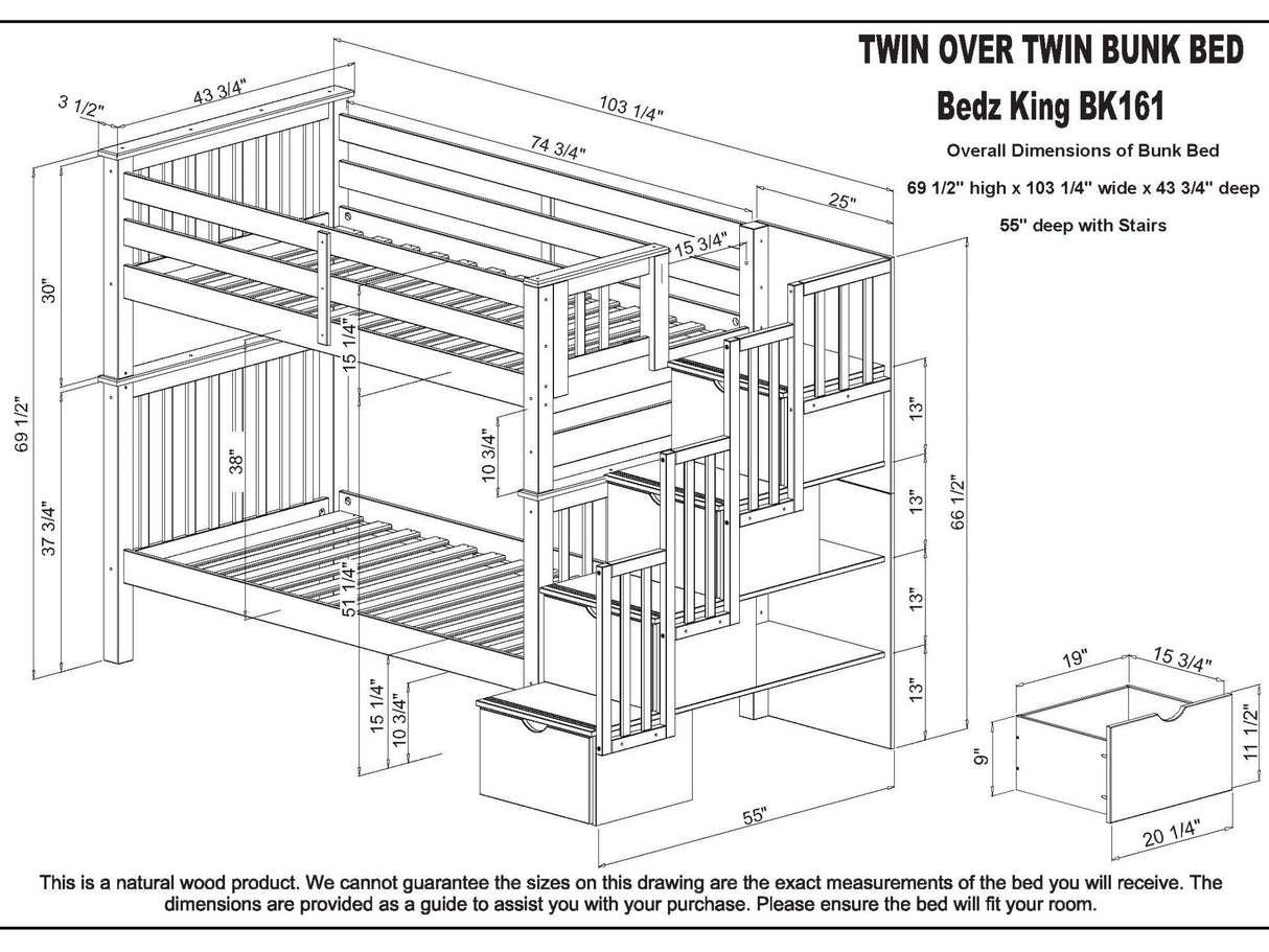 Bedz King Tall Stairway Bunk Beds Twin over Twin with 4 Drawers in the Steps, Dark Cherry Bedz King