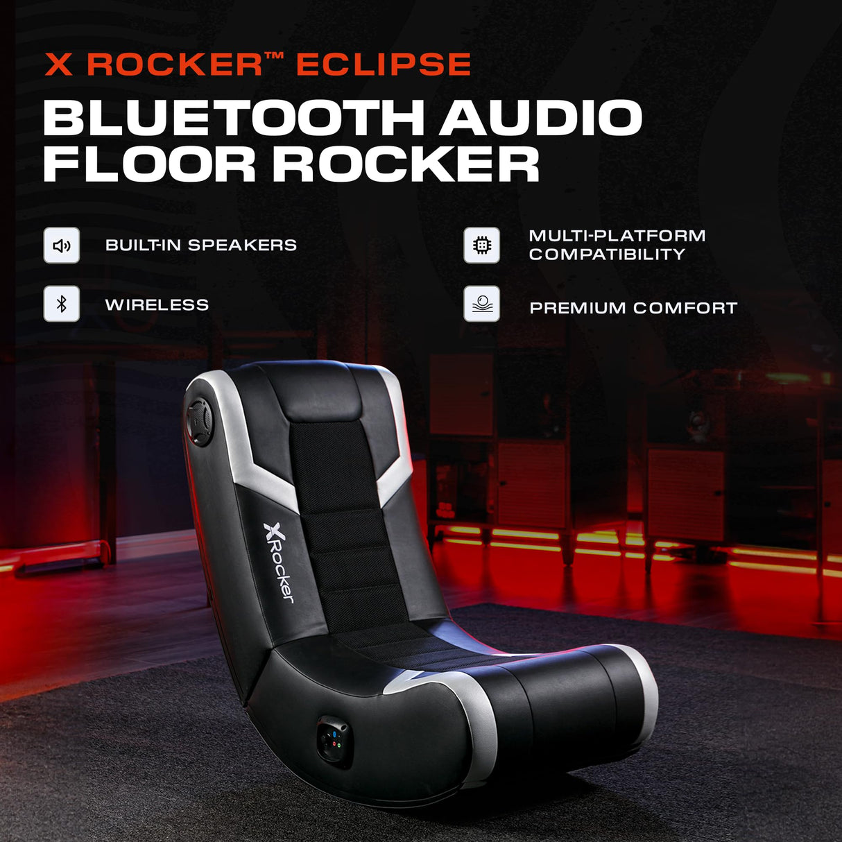 X Rocker Eclipse Video Gaming Floor Chair with Built-In Headrest Speakers, Wireless Bluetooth, Foldable, Vegan Leather, 275 lbs Max, Amazon Exclusive, Black and Silver X Rocker