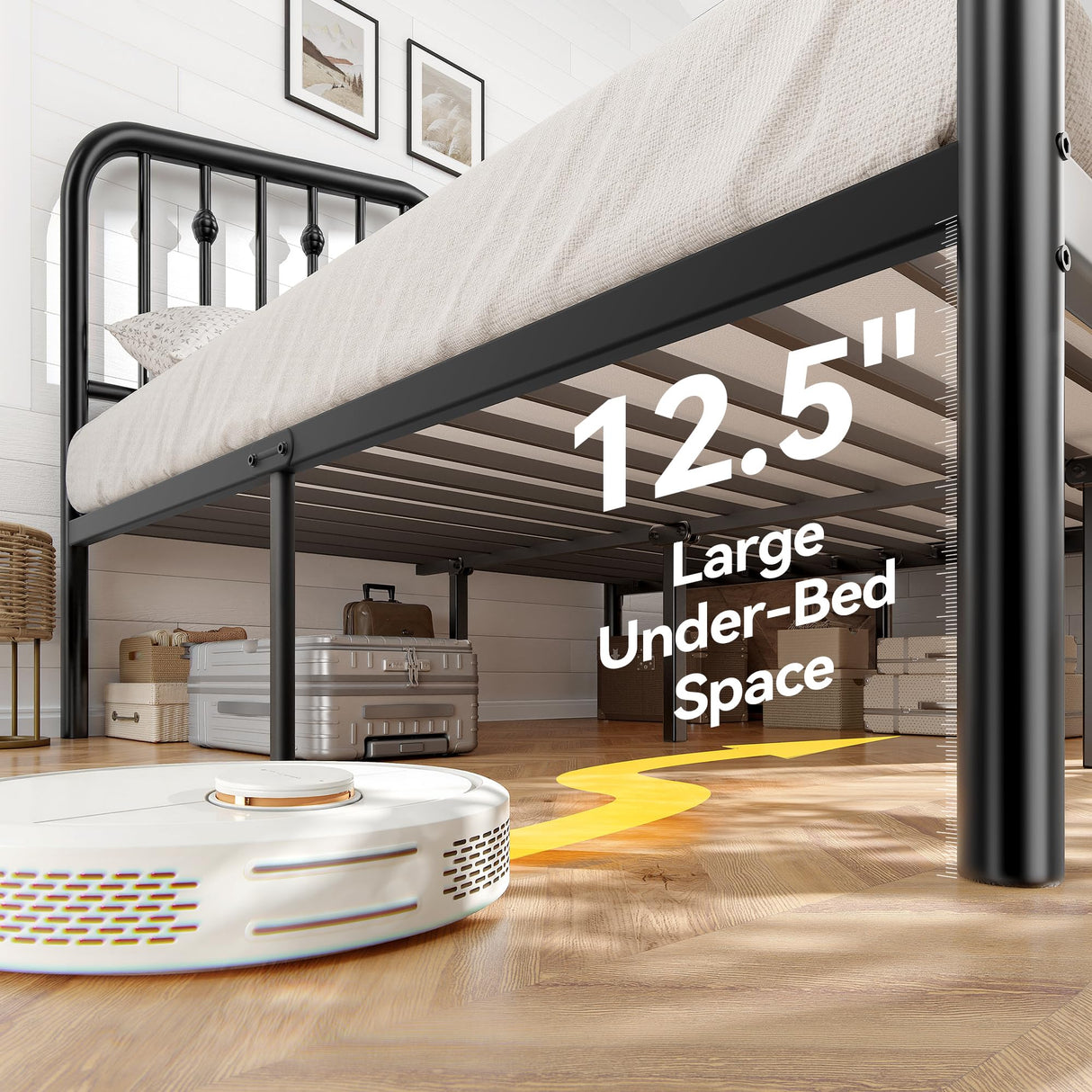 Susalt 14 Inch Queen Bed Frame, Sturdy Rustic Metal Bed Frame Queen Size, Queen Bed Frame with Headboard and 12.5" Under Bed Space, Curved Corner/No Noise/Easy Assembly/No Box Spring Needed, Black Susalt