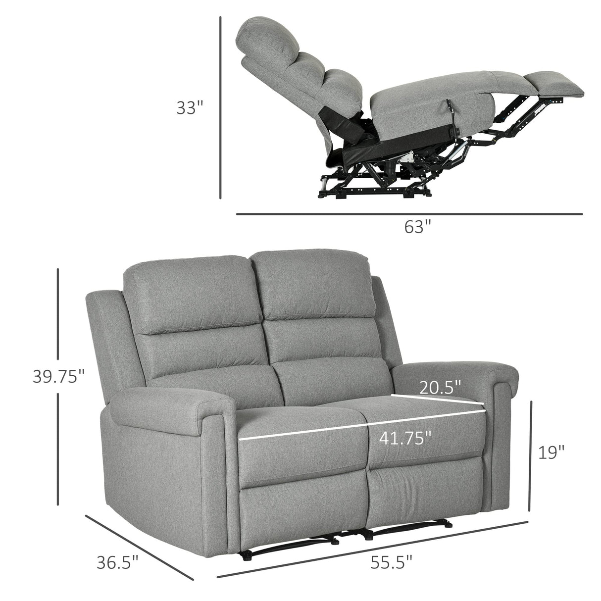 HOMCOM 2 Seater Recliner Sofa with Manual Pull Tab, Fabric Reclining Sofa, RV Couch, Home Seating, Gray HOMCOM
