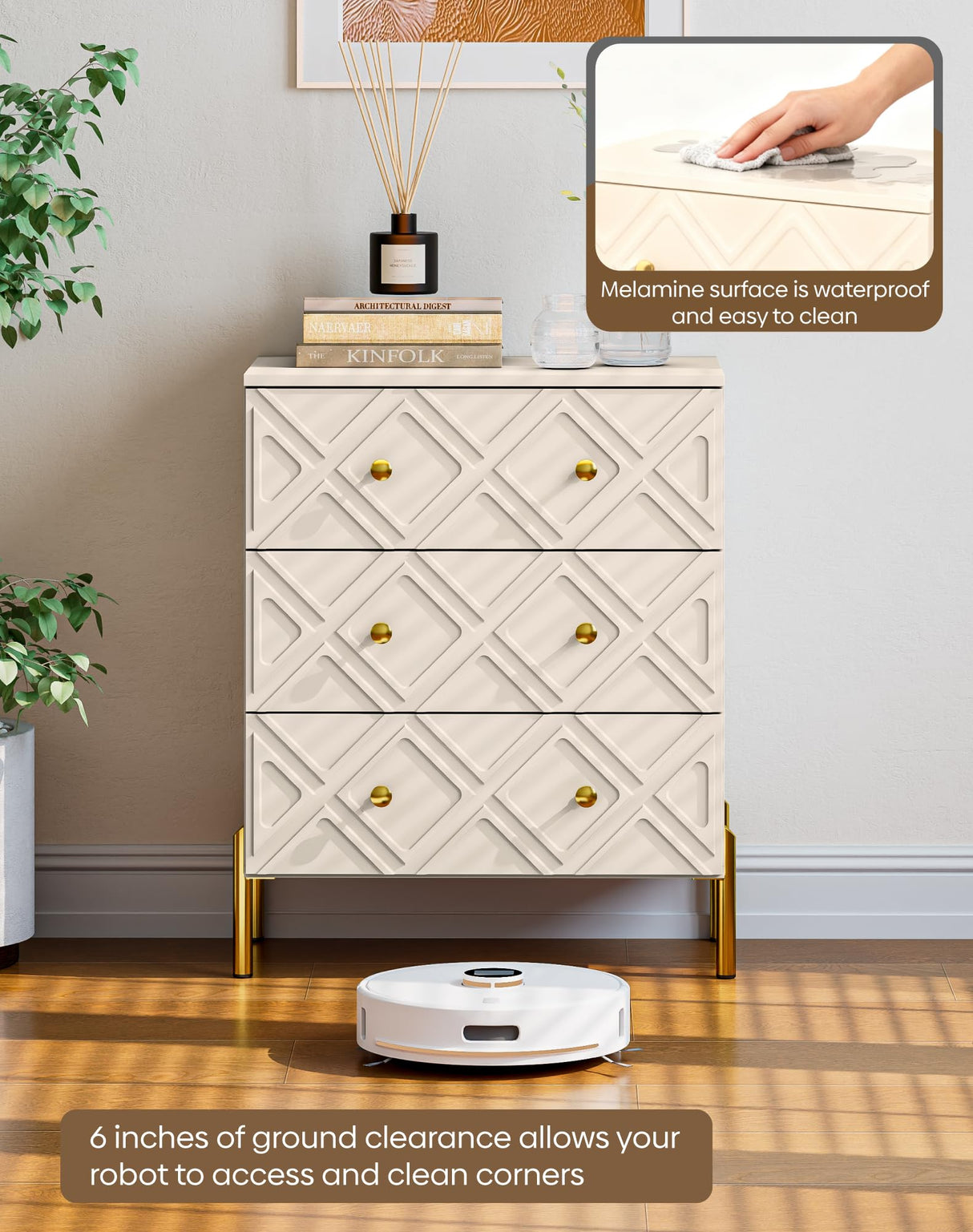TRINEAR 3 Drawer Dresser, Wood Drawers for Bedroom with Metal Legs, Modern Dressers with Wide Storage, 30 inch Large Nightstand with Diamond Design for Living Room, Hallway, Entryway, Cream TRINEAR