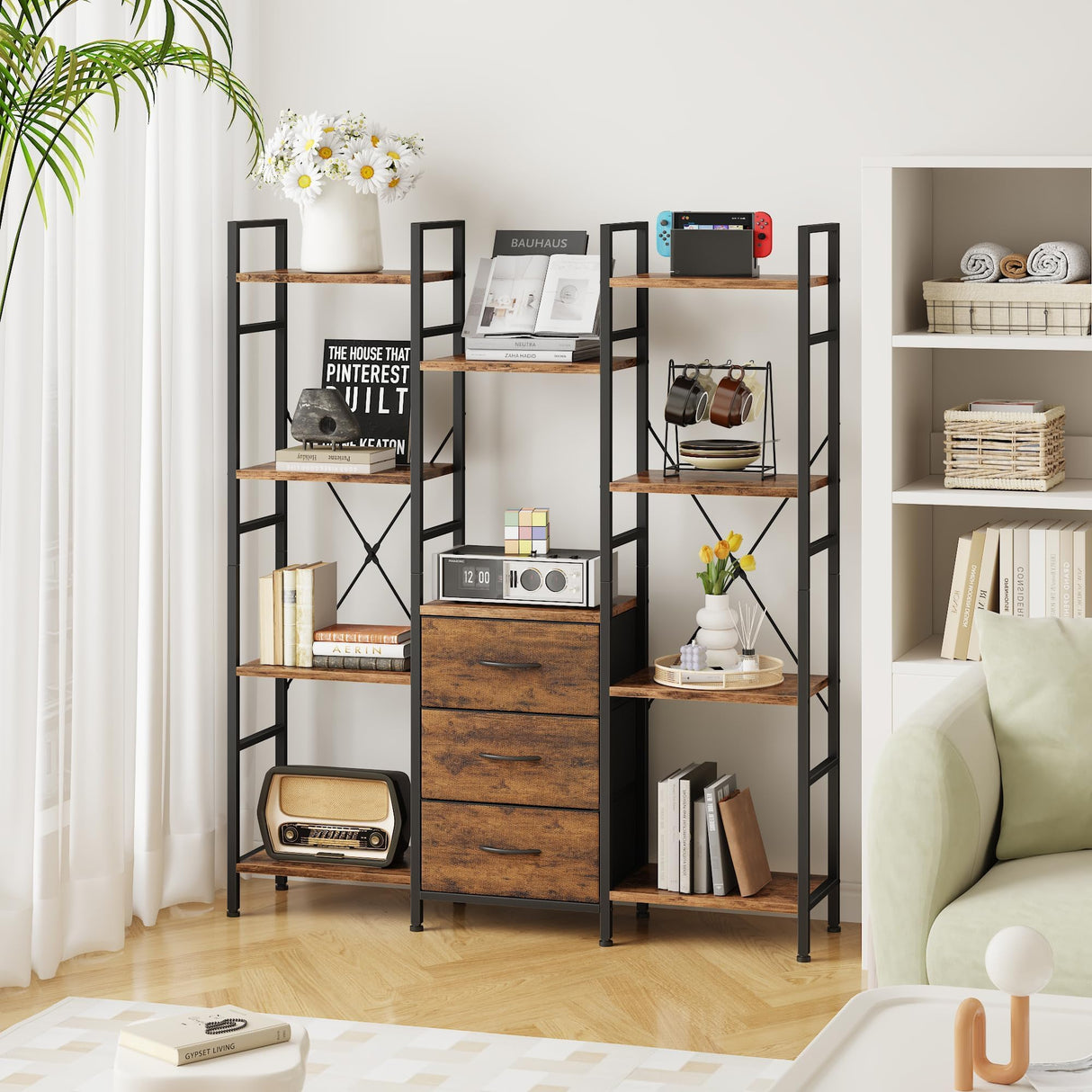 AFLUI Triple Bookshelf with 3 Fabric Drawers, 4-Tier Book Shelf and 10 Display Shelves, Industrial Large Bookcase for Home & Office, Rustic Brown, 47'' Wide AFLUI