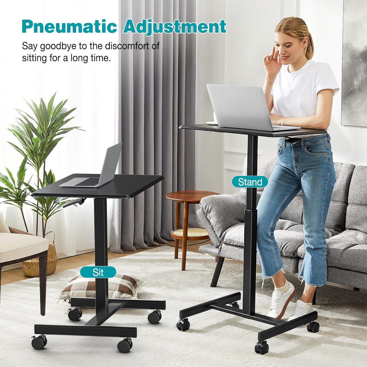 DUMOS Small Standing Desk Mobile Portable Rolling Laptop Desk on Wheels, Adjustable Height Table for Home Office, 19 Inch, Black DUMOS