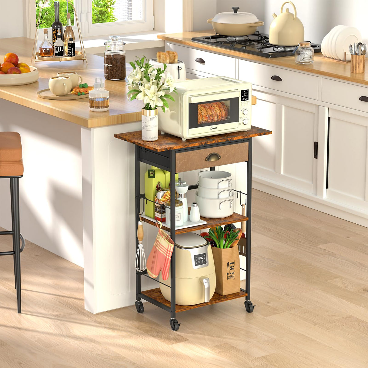 Coffee Bar Stand Station Cart with Storage Drawer -3 Tier, Extended Worktop Coffee Table, Farmhouse Corner Bar Cabinet for Small Spaces, Barkers Rack & Home Bar for Kitchen , Entryway, Living Room X-cosrack