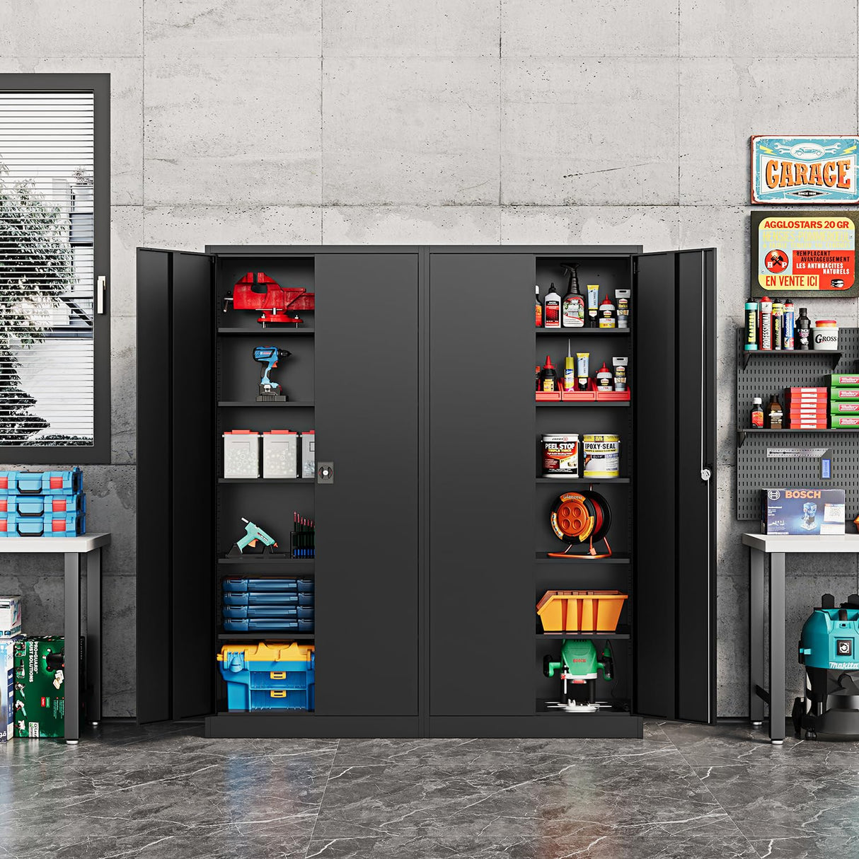 Fesbos Metal Storage Cabinet-71” Tall Steel File Cabinets with Lockable Doors and Adjustable Shelves-Black Steel Storage Cabinet for Home,Kitchen, School, Office, Garage Fesbos