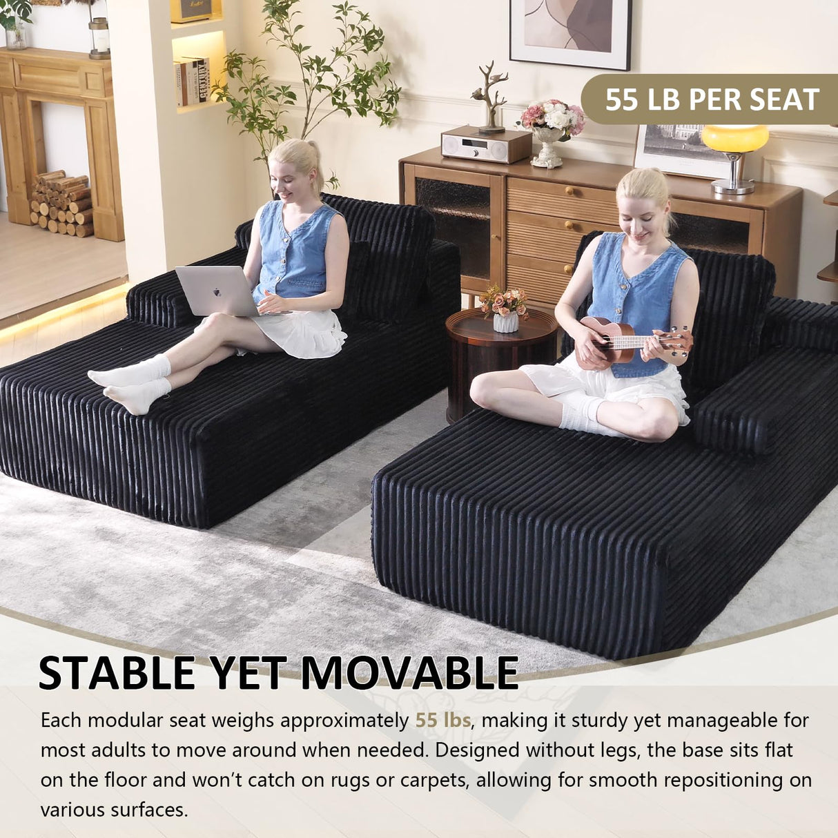 Oversized 79” Double Chaise Lounge Sofa Bed, Deep Seat Corduroy Cloud Loveseat Chair, No Assembly, Plush Upholstered Sleeper for Living Room or Bedroom (Black) WHGBJA