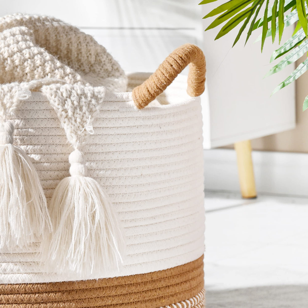 KAKAMAY Large Blanket Basket (20"x13"),Woven Baskets for storage Baby Laundry Hamper, Cotton Rope Blanket Basket for Living Room, Laundry, Nursery, Pillows, Baby Toy chest (White/Brown) KAKAMAY