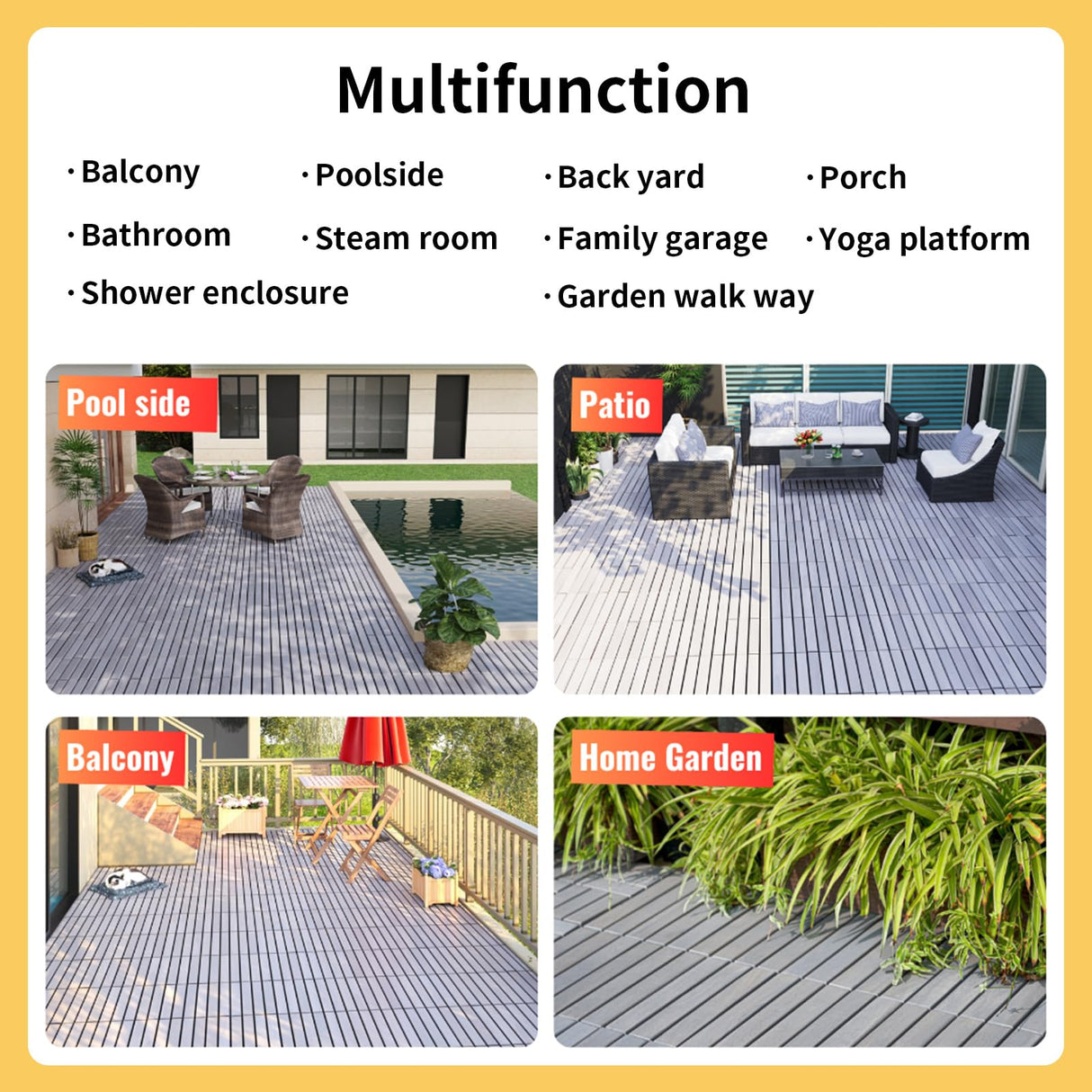 10 PCS Light Gray Acacia Wood Interlocking Deck Tiles, 12" x 12" Outdoor Striped Pattern Flooring for Patio, Balcony, Porch, Garden, Poolside Sailret