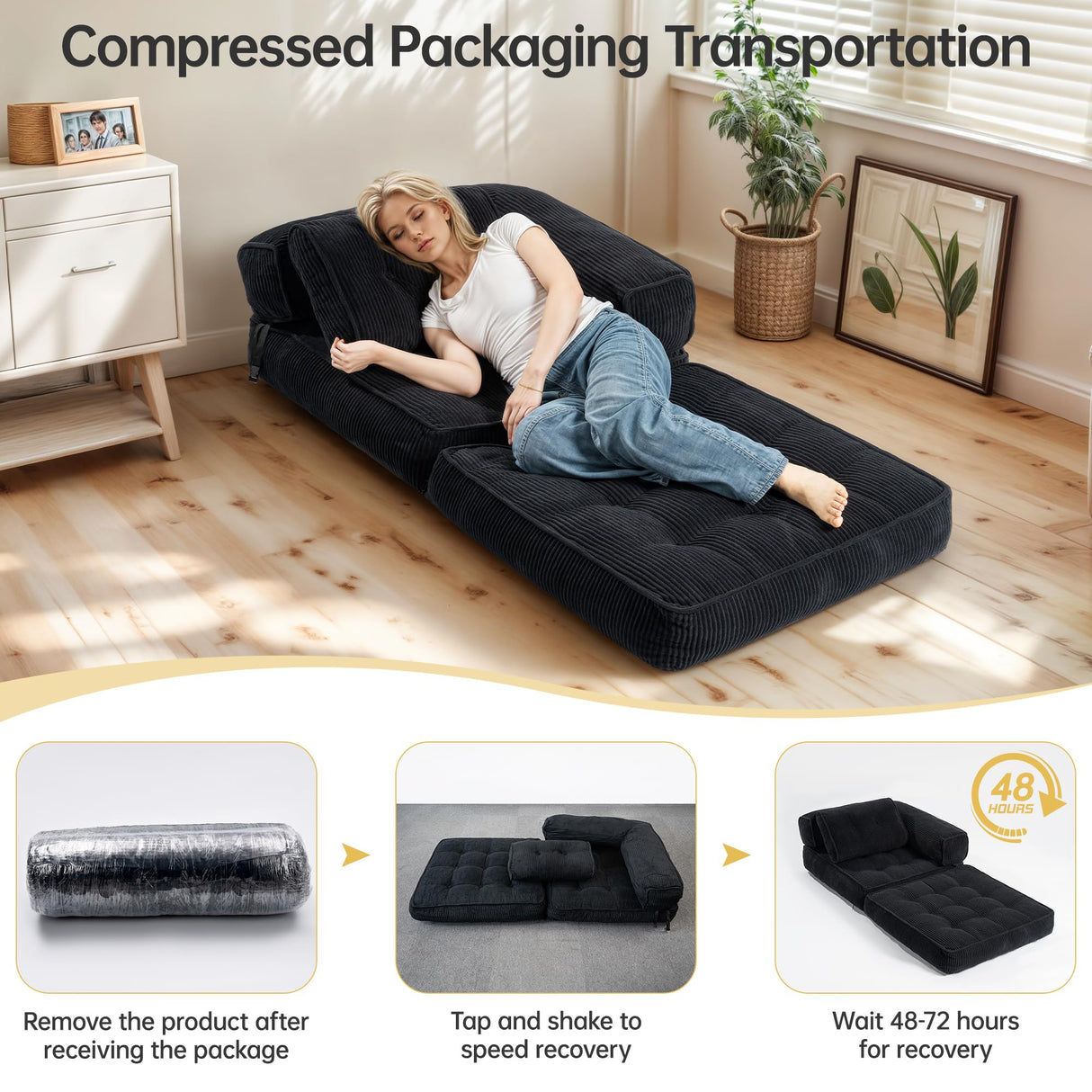 Airynee Convertible Folding Sofa Bed, L- Shaped Sleeper Chair Bed with Armrest and Pillow, Fold Out Sleeper Sofa, Comfortable Floor Couch for Small Spaces/Living Room/Bedroom, Single, Black Airynee