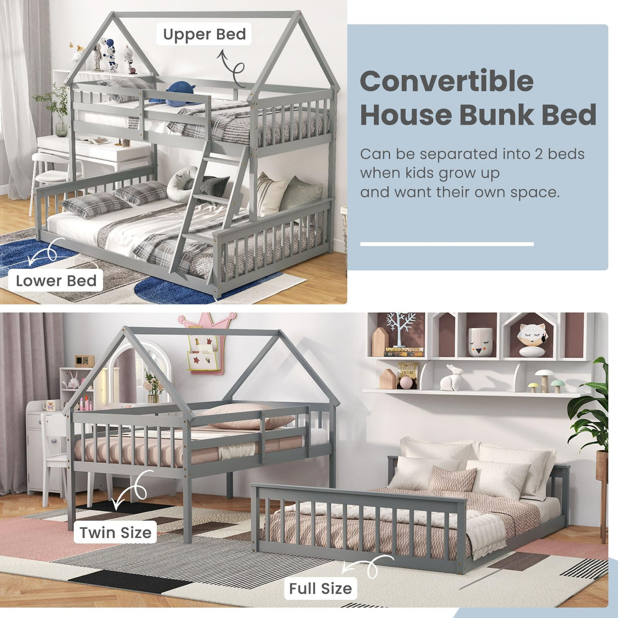 KOMFOTT Grey Twin Over Full House Bunk Bed with Integrated Ladder and Safety Guardrails KOMFOTT