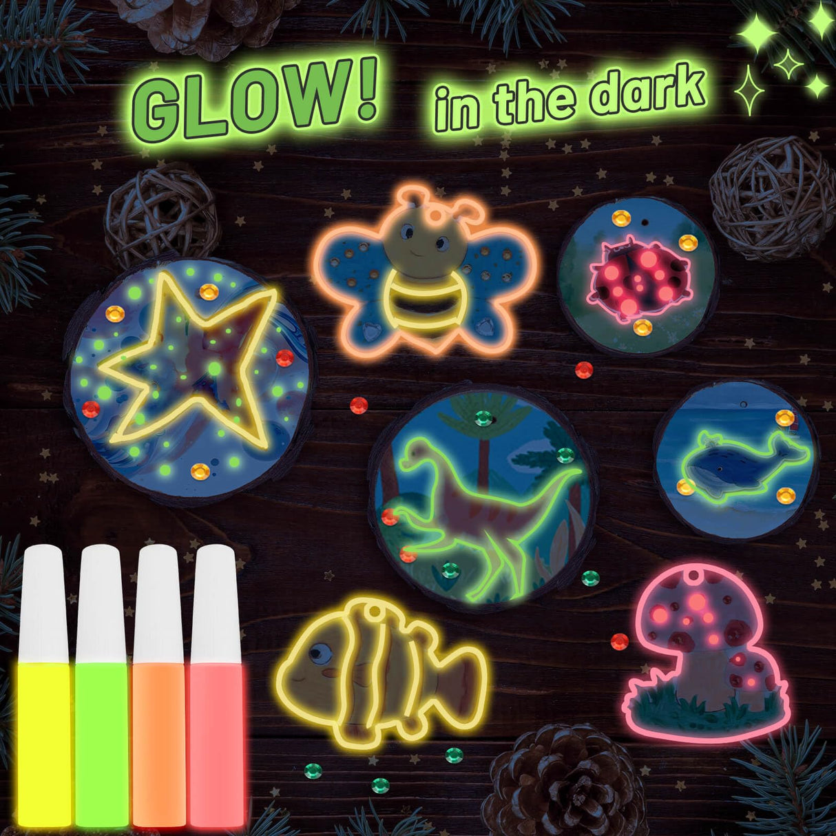 ROADPLUM Natural Wooden Slices Painting Craft Kit, 16PCS Unfinished Wood Slices & 20Pcs Unfinished Wooden Ornaments, DIY Glow in The Dark Christmas Ornaments Craft for Decorations ROADPLUM