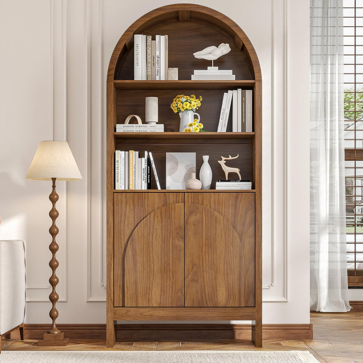 Mid Century Arched Bookcase, 5 Shelf Tall Book Shelf with Doors, 71 Inch Display Case Storage Cabinet, Large Library Arch Bookshelf, Wooden 5 Tier Book Case for Living Room, Office, Brown, Walnut Jluomei