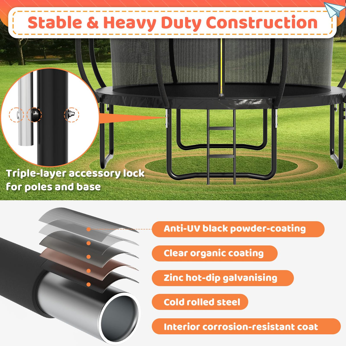 Zevemomo 16FT Trampoline Outdoor for Kids, 16 FT Trampoline w/LED Light, Basketball & Hoop, Pumpkin Shape, ASTM Certified, Heavy Duty Galvanized Anti-Rust Coating Zevemomo