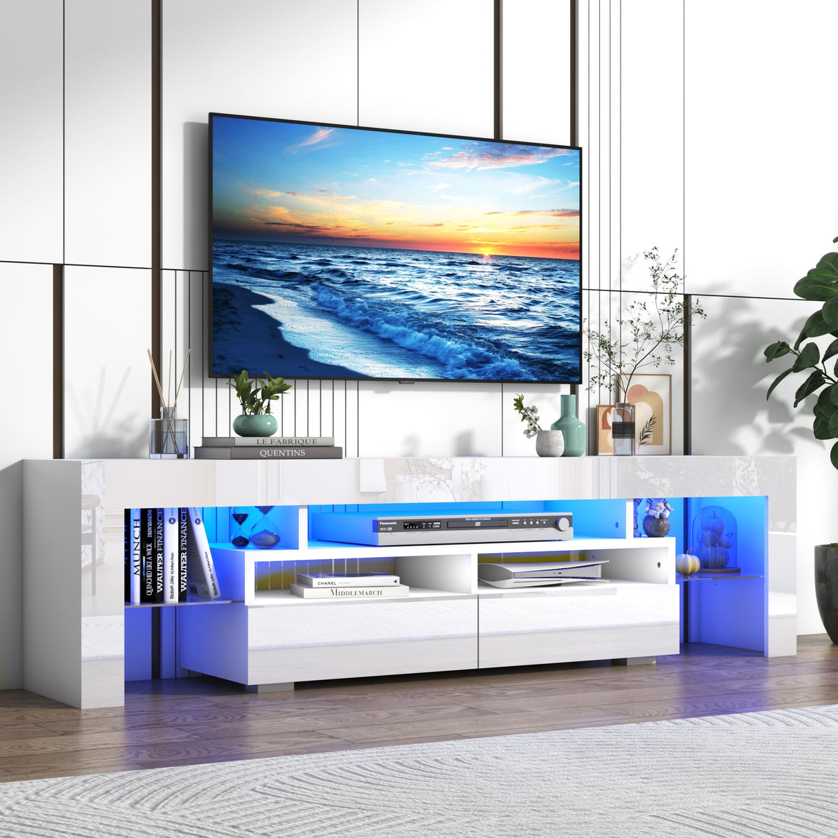 Vinctik 6&Fox LED TV White Stand for 55/60/65inch TV,Modern Entertainment Center with 2 Storage Drawers and LED Light, High Glossy TV Console,TV Table Media Furniture (63inch, White 1) Vinctik 6&Fox