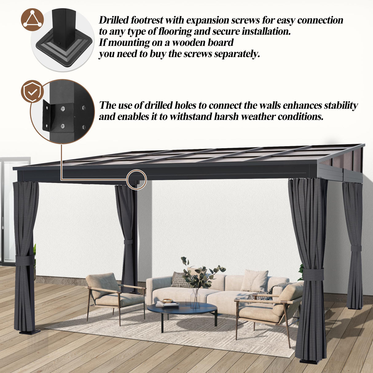 GARTOO 10’ x 13’ Upgraded Wall-Mounted Gazebo, Aluminum Outdoor Patio Lean to Gazebo Pergola with Roof, Gazebo Canopy Awnings to House for Garden, Lawn, Backyard Deck and More GARTOO