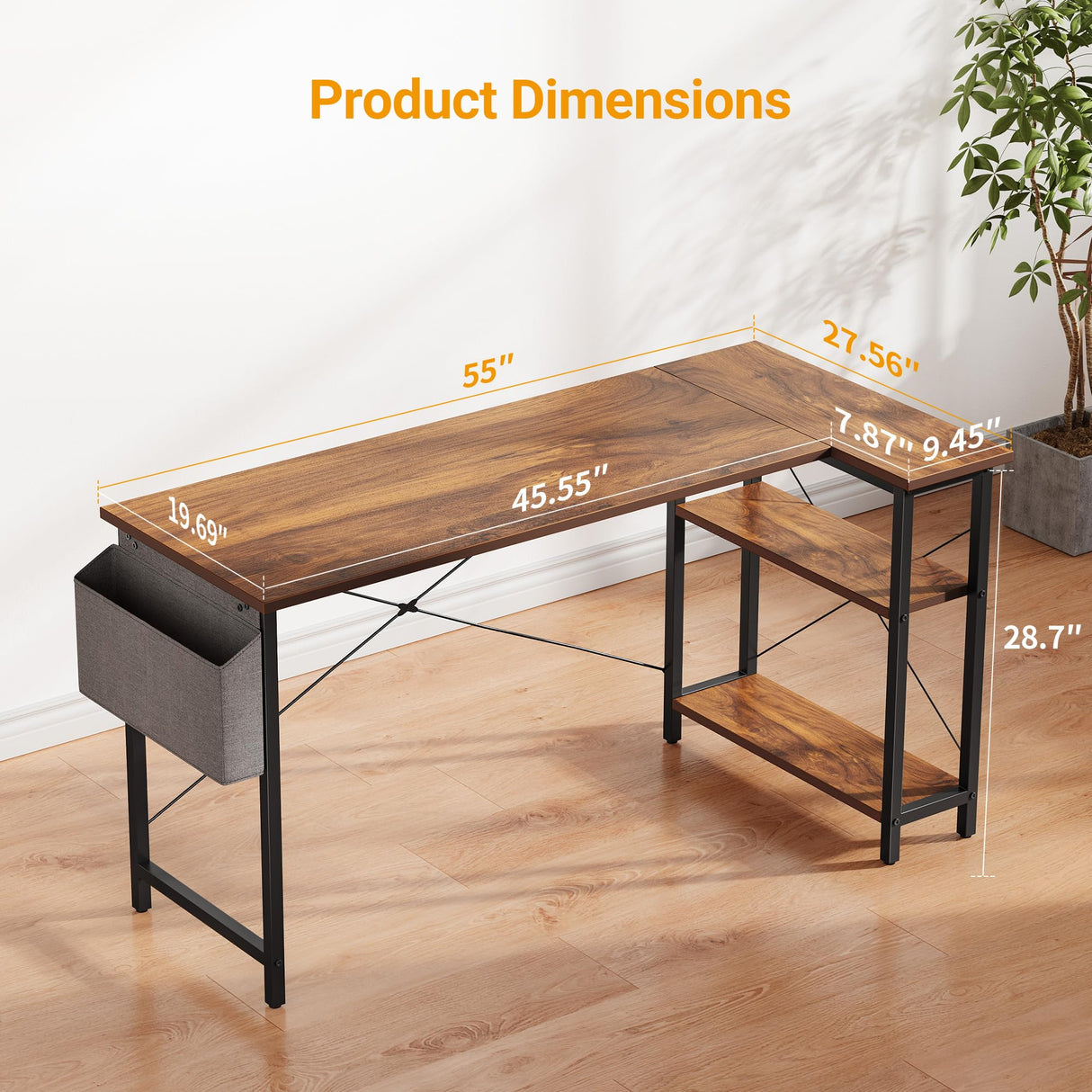 CubiCubi L Shaped Desk, 55 Inch Computer Desk with Reversible Storage Shelves Home Office Corner Desk Study Writing Table, Deep Brown CubiCubi