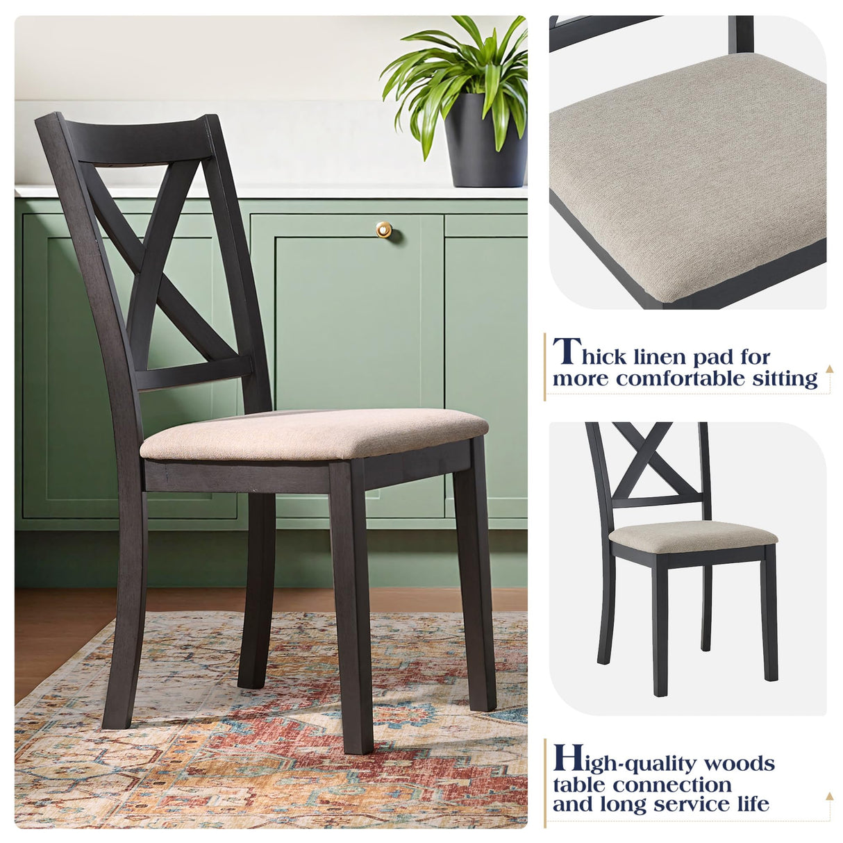 YUMPIE 7-Piece Farmhouse Dining Table Set for 6 People, 60" Wood Dining Kitchen Table & Chairs Set, Kitchen Table with 6 Upholstered Chairs, Perfect for Restaurant, Grey & White YUMPIE