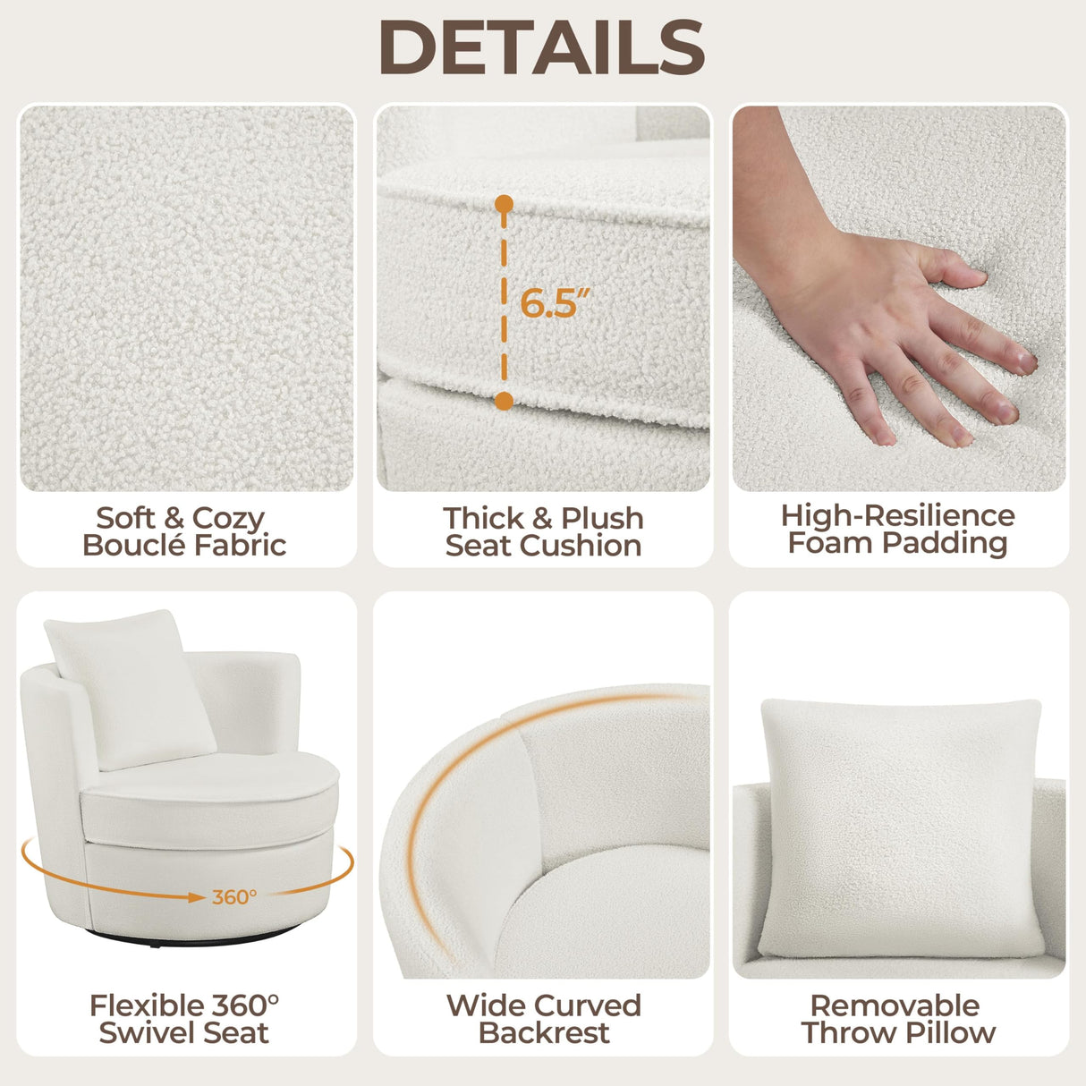 Yaheetech Swivel Barrel Accent Chair, 360 Degree Swivel Round Chairs with Removable Throw Pillow, Soft Boucle Single Arm Sofa for Living Room Bedroom Reading, White Yaheetech