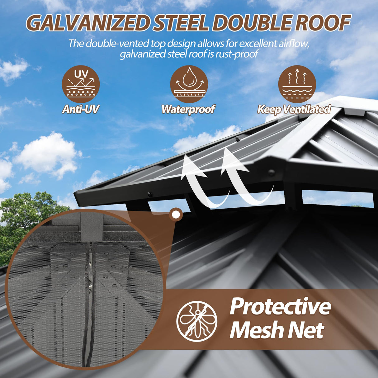 8.5' x 8.5' Hardtop Gazebo, Galvanized Steel Double Roof Gazebo with Nettings and Curtain Outdoor Aluminum Frame Vertical Stripes Roof Gazebos for Patio, Backyard, Lawn Raysfung