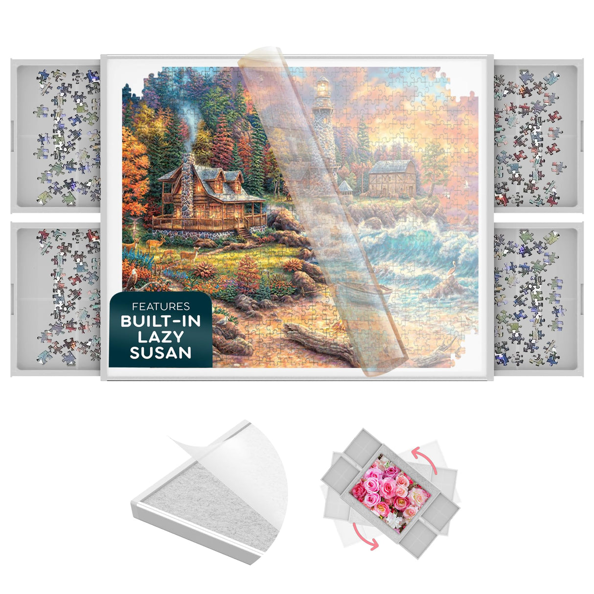 1500 Piece Aluminum Jigsaw Puzzle Board - 360° Rotating Jigsaw Puzzle Table with Drawers | 35” X 28” Portable & Dual Sided Board | Plastic Cover Included - Puzzles Tables for Adults PUZZSCAPE