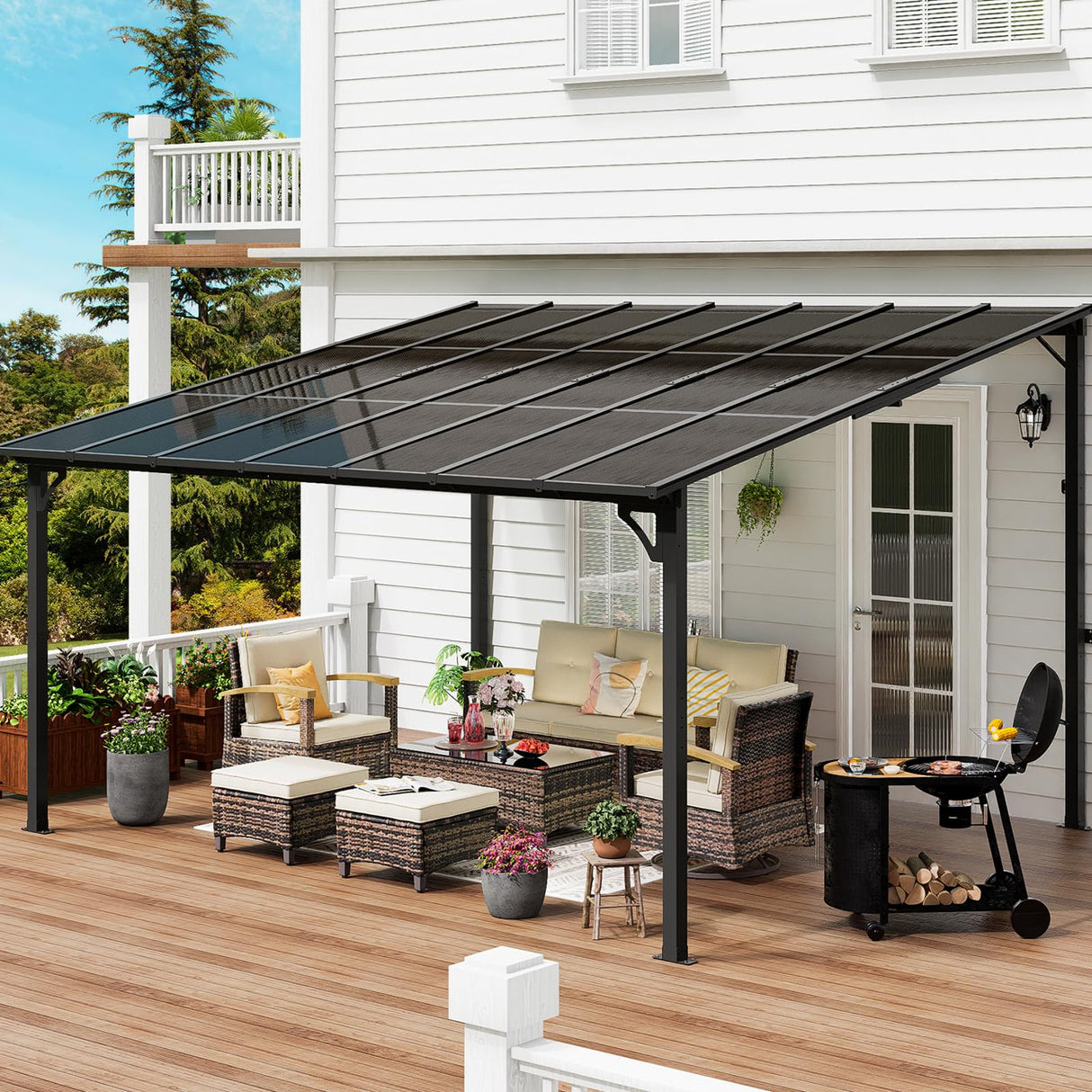 MEISSALIVVE 12' x 14' Gazebo, Wall Mounted Gazebo, Lean to Metal Awnings Gazebos, Gazebo Pergola with Sloped Roof, Outdoor Patio Gazebo Awning for Backyard, Deck, Black MEISSALIVVE