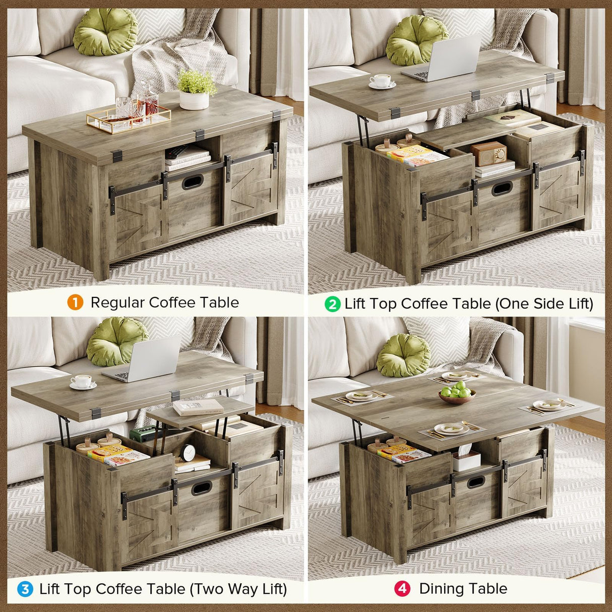 Memobarco 40" Farmhouse Lift Top Coffee Table with Sliding Barn Door,4 in 1 Multi-Function Coffee Tables with Storage Drawers & Hidden Compartment,Converts to Dining Table for Living Room,Grey Memobarco